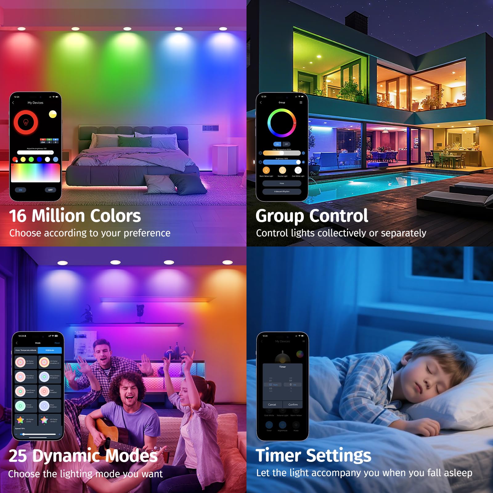 YindaLux Bluetooth Projecteur LED Encastré RGB 5W 230V, Lot de 4 Spots LED 2700K-6500K, Réglable en Luminosité, Commande via Application & Télécommande, Trou de Perçage 65-80mm, IP44, Blanc