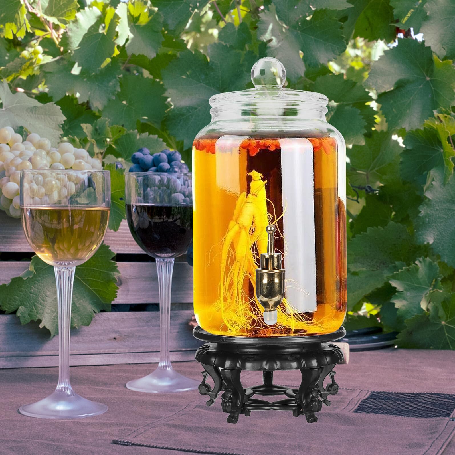 Homoyoyo Großes Getränkebehälter aus Glas 2,5l mit Zapfhahn und Abs Basis für Weinherstellung und Indoor Outdoor Gebrauch