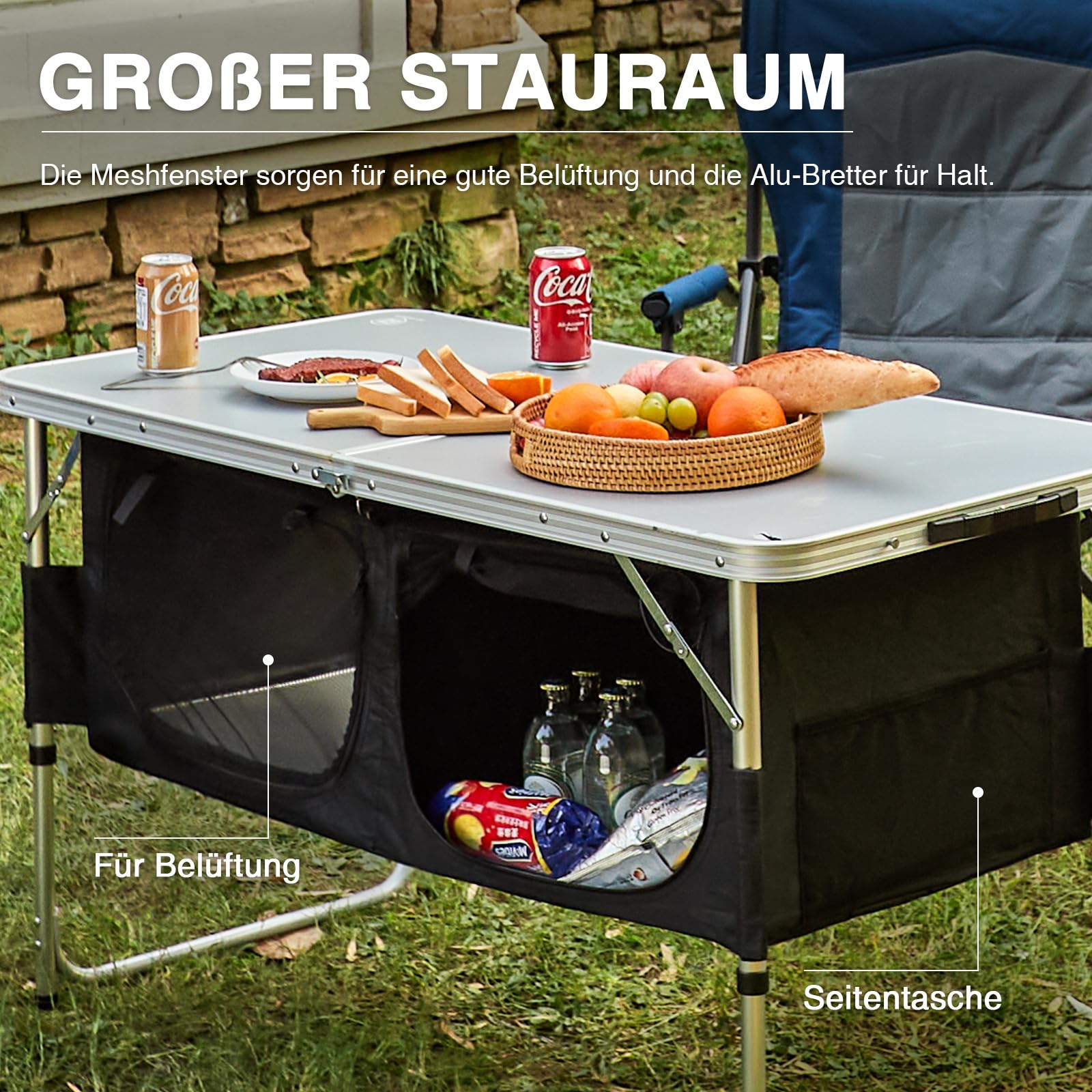 EVER ADVANCED Campingtisch Klappbar Alu Klapptisch 120 x 60cm Höhenverstellbar mit Stauraum 50KG Belastbar, Gartentisch für 4-6 Personen, Campingschrank Kleines Packmaß für Picknick Grillen Outdoor