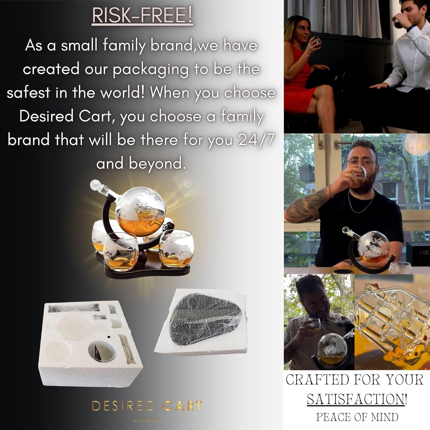 Whiskey Decanter Globe Set with 4 Etched Globe Whisky Glasses Gifts For Men Dad, Husband, Mancave - for Liquor, Bourbon, Scotch, Vodka - 850ml - Image 2