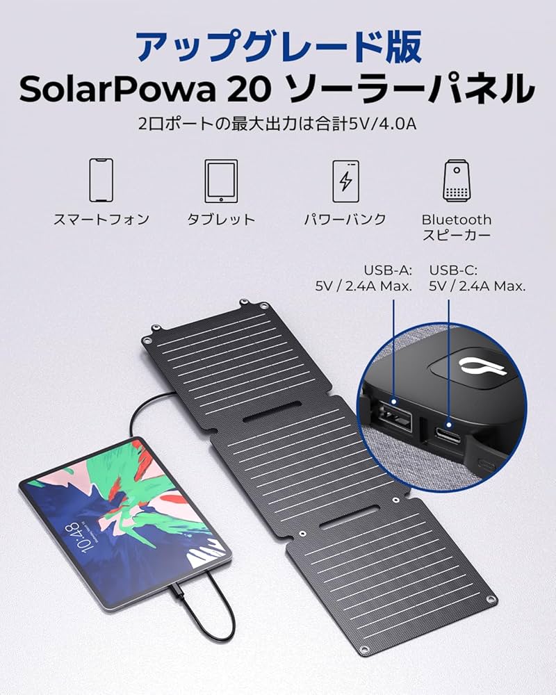 Amazon | BigBlue 20W ソーラーパネル ETFE素材 2USBポート