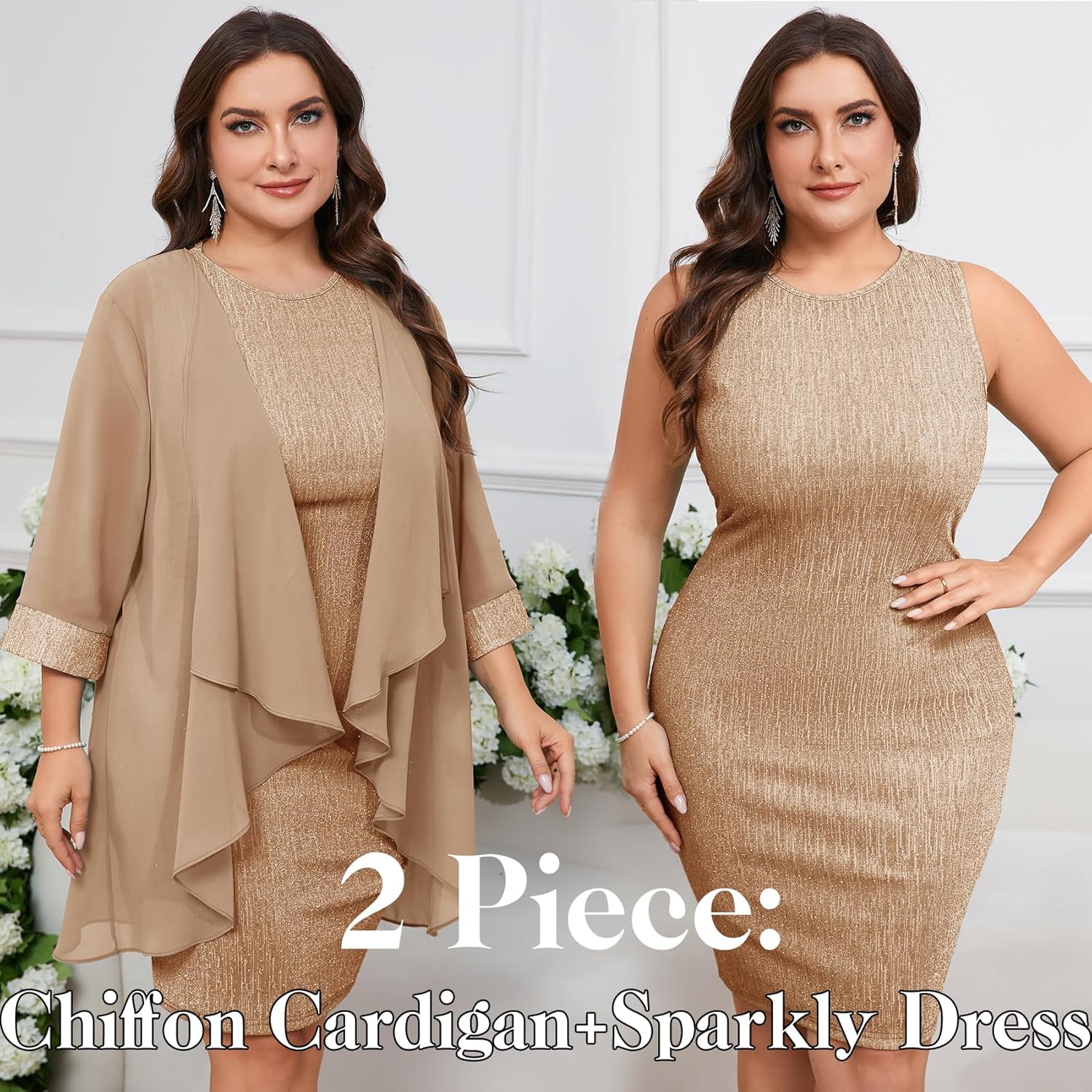 ZOMVA Plus Size Sparkly Formal Dress Suit 2 Piece Mother of The Bride Groom Chiffon Jacket Outfit Cocktail Evening - Image 2