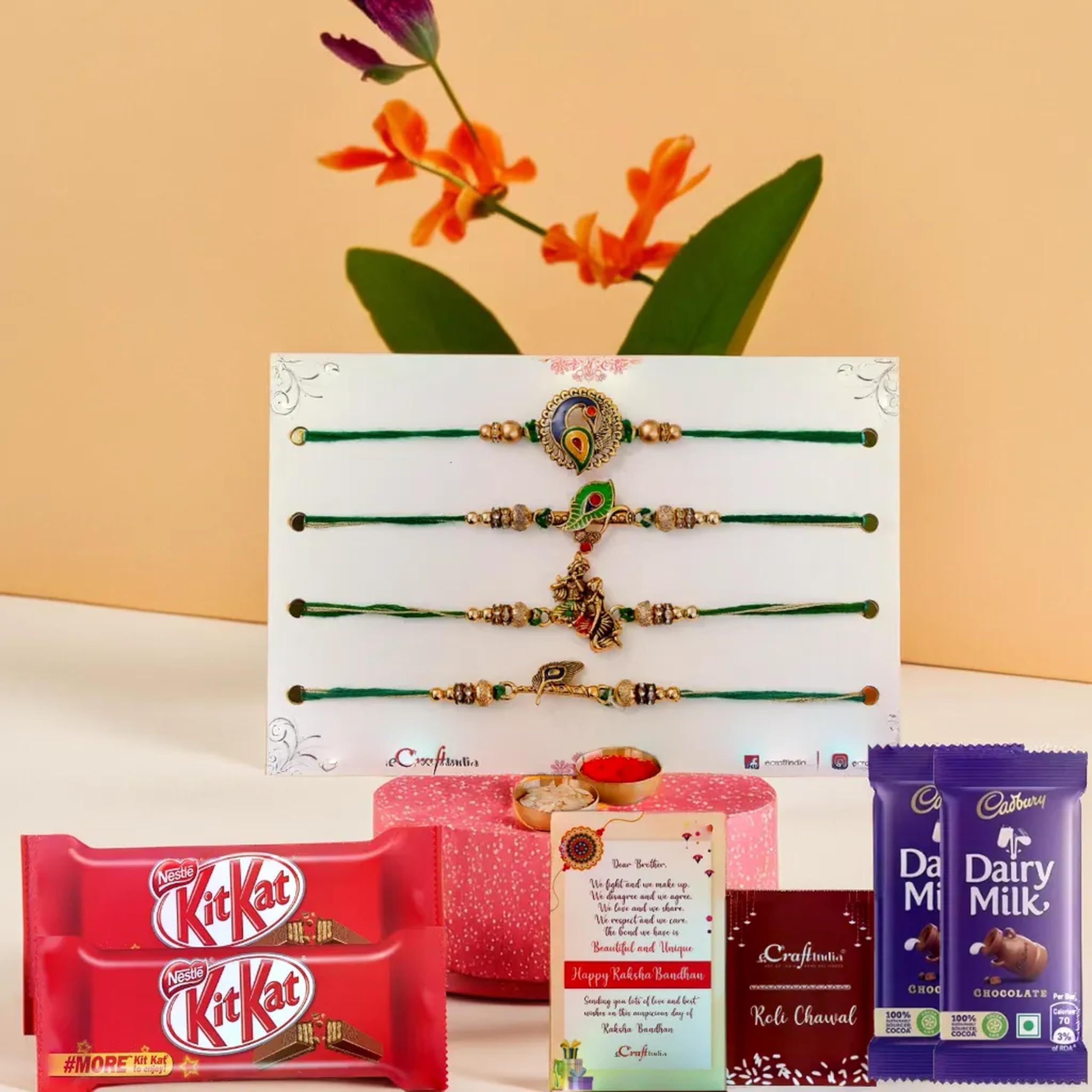 eCraftIndia Mens Set Of 4 Radha Krishna Playing Flute, Peacock, Krishna Flute, Feather Designer Rakhis For Brothers With Chocolate, 2 Cadbury Dairy Milk, 2 Kitkat, Rakhi With Chocolate Gift-picture-16