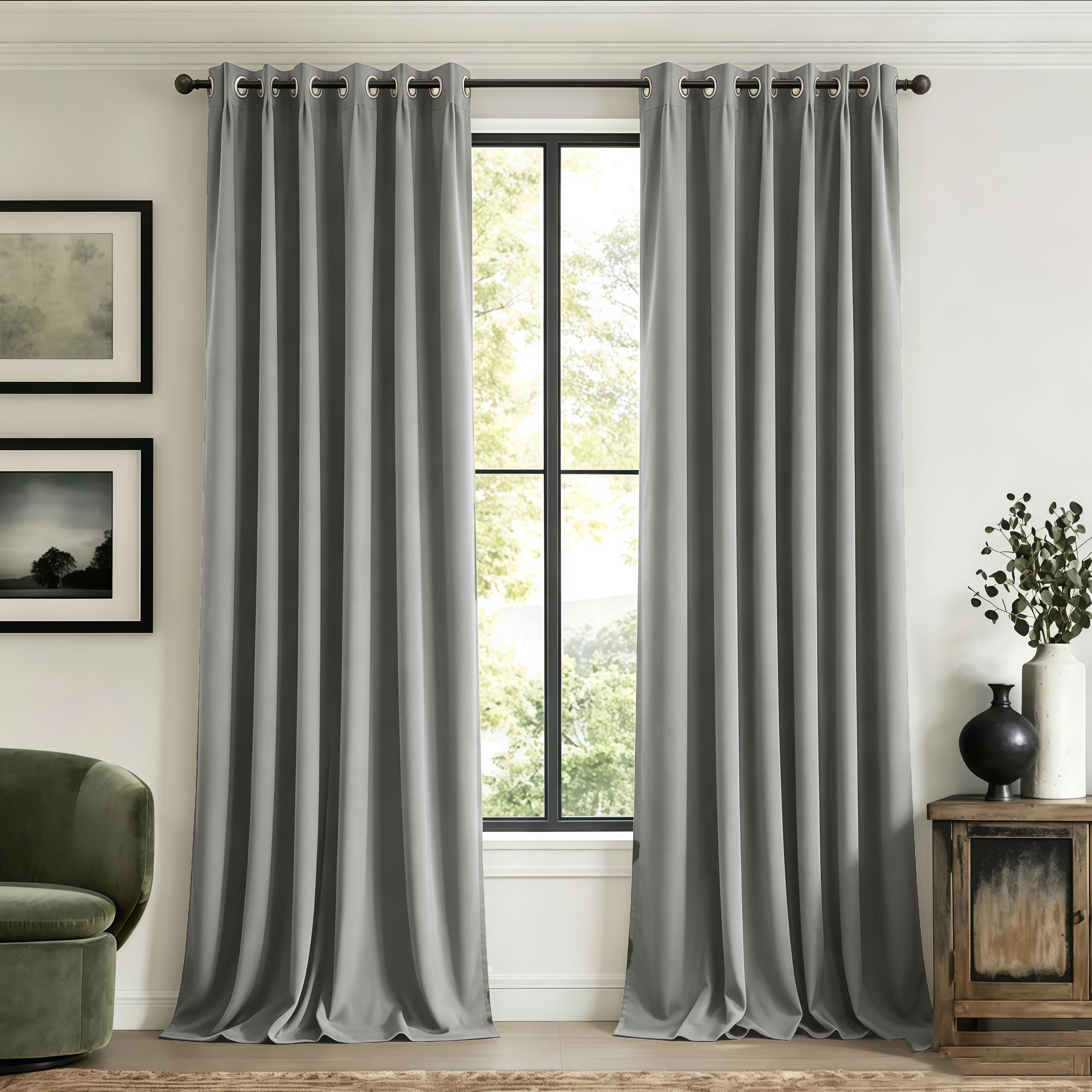 LIUJYUAN Black Out Curtain 230 x 240 cm Windproof, Rod Pocket, Room Darkening Eyelet Curtain, Window Insulated Soundproof for Balcony, Kithcen Window, Light Grey