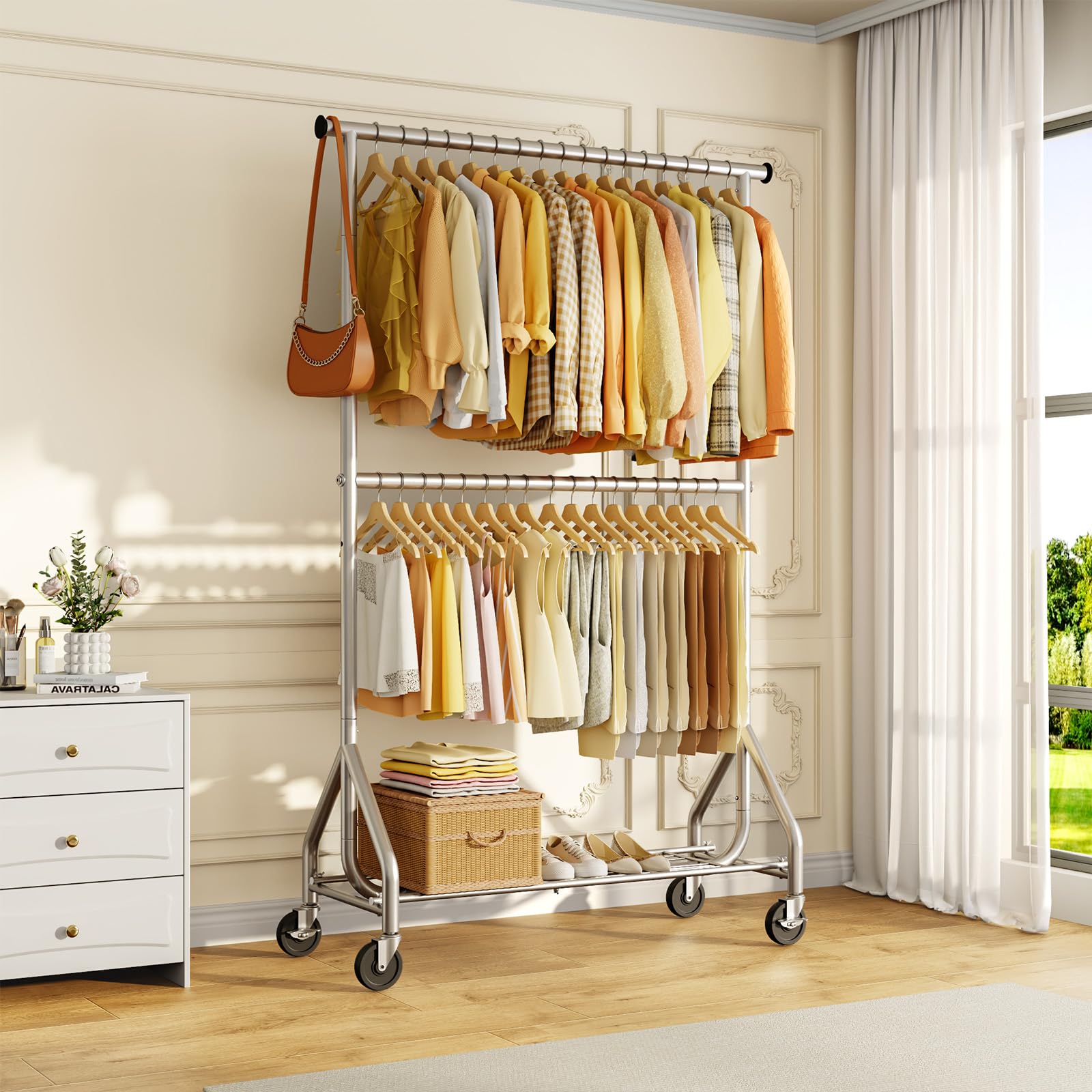 Heavy Duty Clothes Rack, Double Rod Clothing Rack for Hanging Clothes, Rolling Garment Rack, Adjustable Freestanding Wardrobe Closet Coat Rack for Bedroom Laundry Living Room, Silver