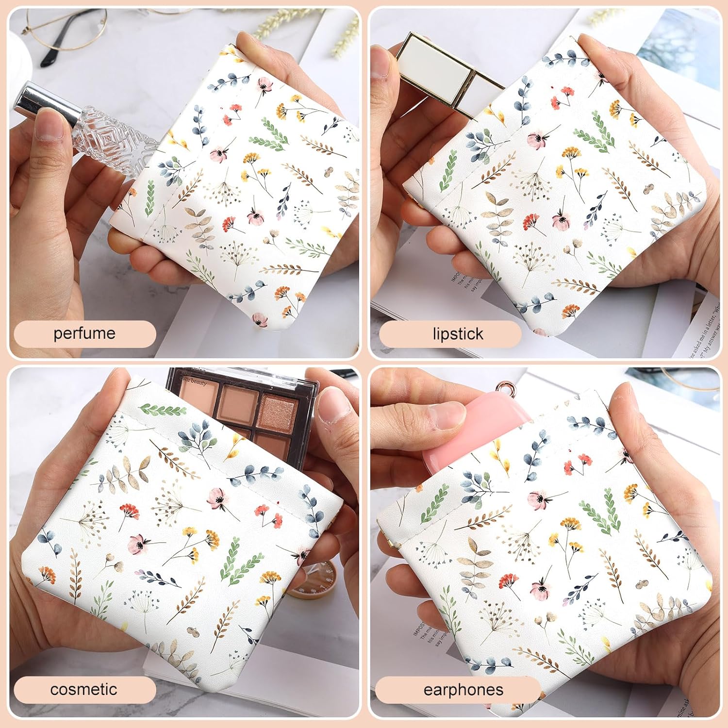 2Pcs PU Leather Small Squeeze Coin Purse Pouch Mini coin Bag Unique And Cute Wallet Cosmetic Bags Change Bag For Women Girls Men White And Purple Floral - Image 4