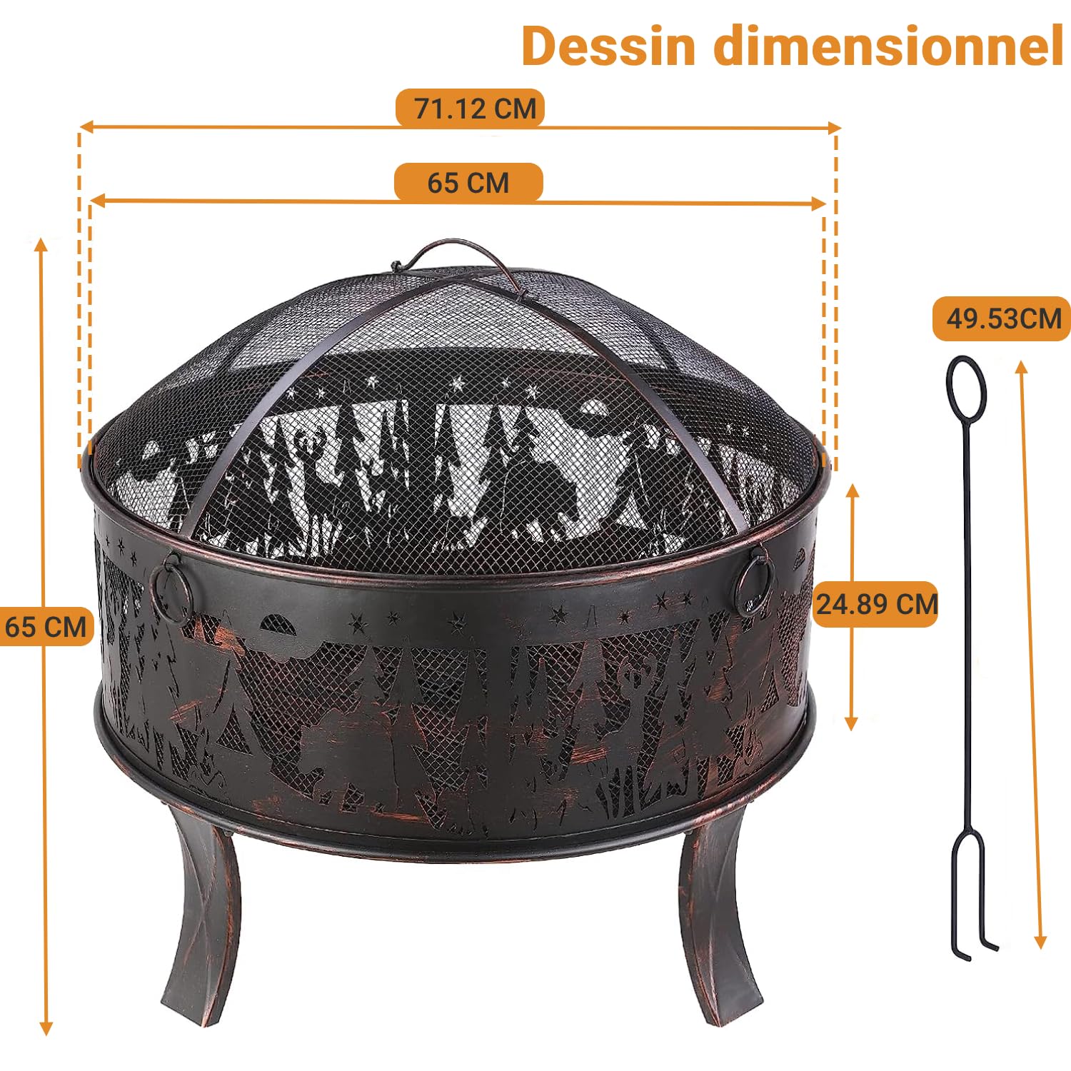 TLGREEN Brasero Extérieur pour Jardin, brasero avec Protection Anti-étincelles, Foyer Stable Ø 71 x 65 cm, avec Grille à Charbon de Poker, 4 PCS Pied, pour Plage, Terrasse, Look rétro, Motif d'élan