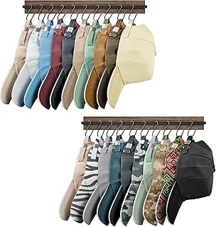 Hat Rack for Wall Baseball Caps Organizer Wall-Mounted Retro Wooden Hat Hanger Set of 2 for Door Closet, Cowboy Hats Holder Bedroom Entryway Storage Racks with 20 Hooks(Brown)