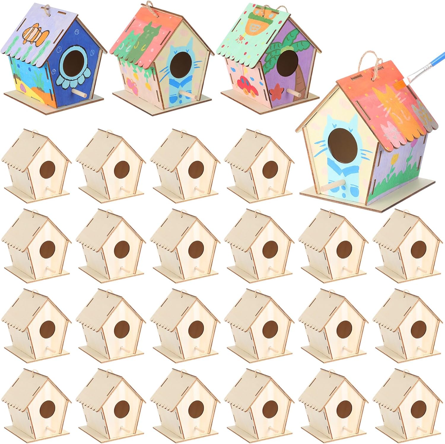24 Pack 4. 3" Wooden Bird Houses Bulk for Kids with Front Perch Peg, DIY Kid Art Craft Outdoor Birdhouse Kit Unfinished Hanging Birdhouse Class Activity for Girls Boys to Build and Paint