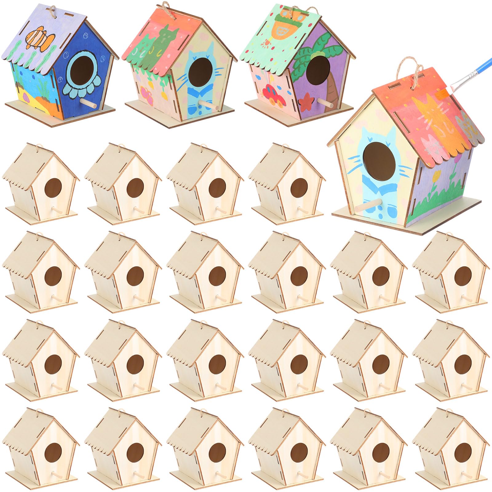 DoubleFill 24 Pack 4. 3" Wooden Bird Houses Bulk for Kids with Front Perch Peg, DIY Kid Art Craft Outdoor Birdhouse Kit Unfinished Hanging Birdhouse