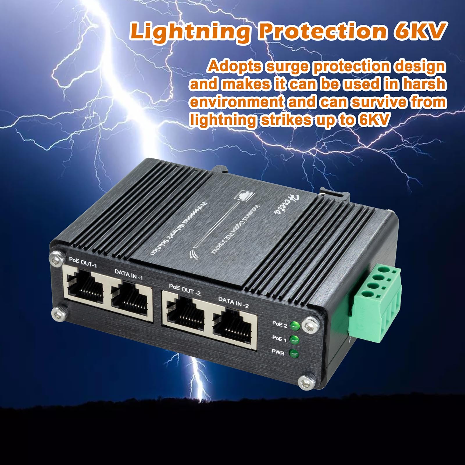 Injecteur PoE+ Gigabit, Industriel 2-Ports Adaptateur PoE 30W, IEEE 802.3af/at, 10/100/1000 Mbps, Plug and Play, Distance Jusqu'à 100m(328 ft)
