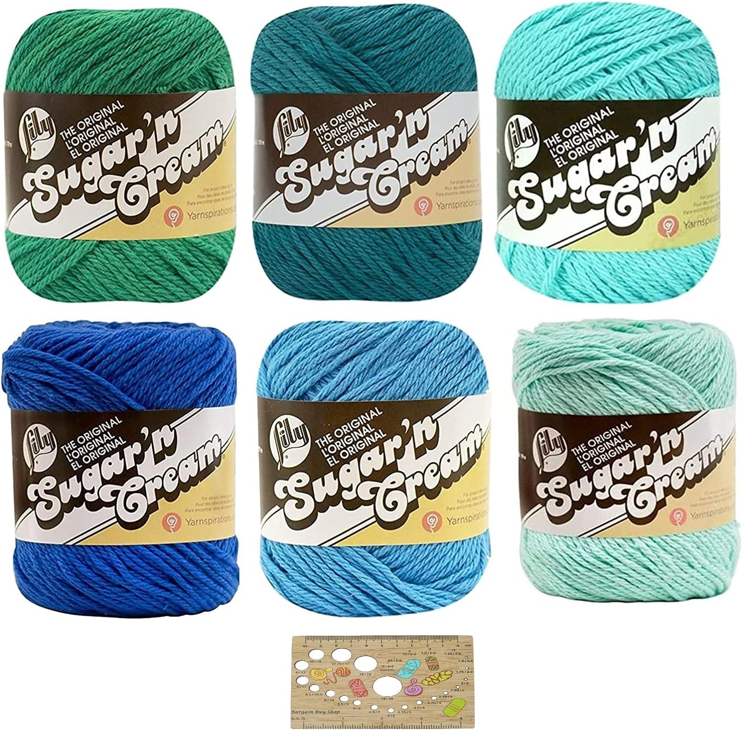 Lily Sugar 'n Cream Yarn Bundle Plus Bamboo Knitting Gauge
