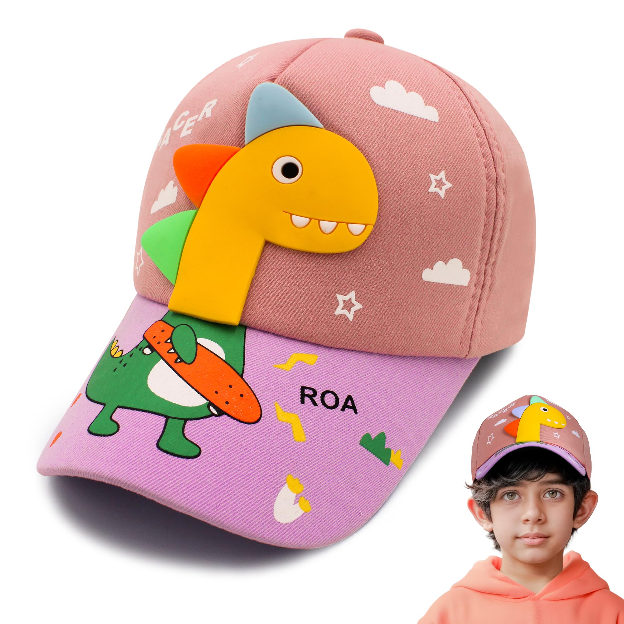VRITRAZPolyester Comfortable Cartoon Dino Print Little Sports Cap For Active Kids, Baby Girls and Boys 3-12 Years (Peach)