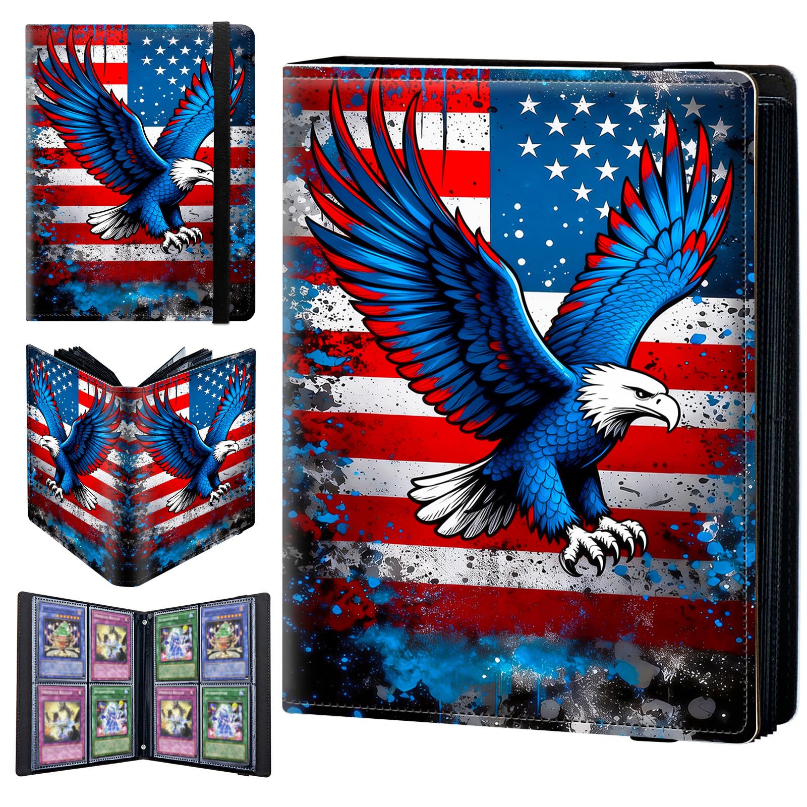 4 Pocket Trading Card Binder 320 Side Loading Pocket Album with American Flag and Blue Eagle Pattern Design Card Binder for Sports Cards & Game Cards