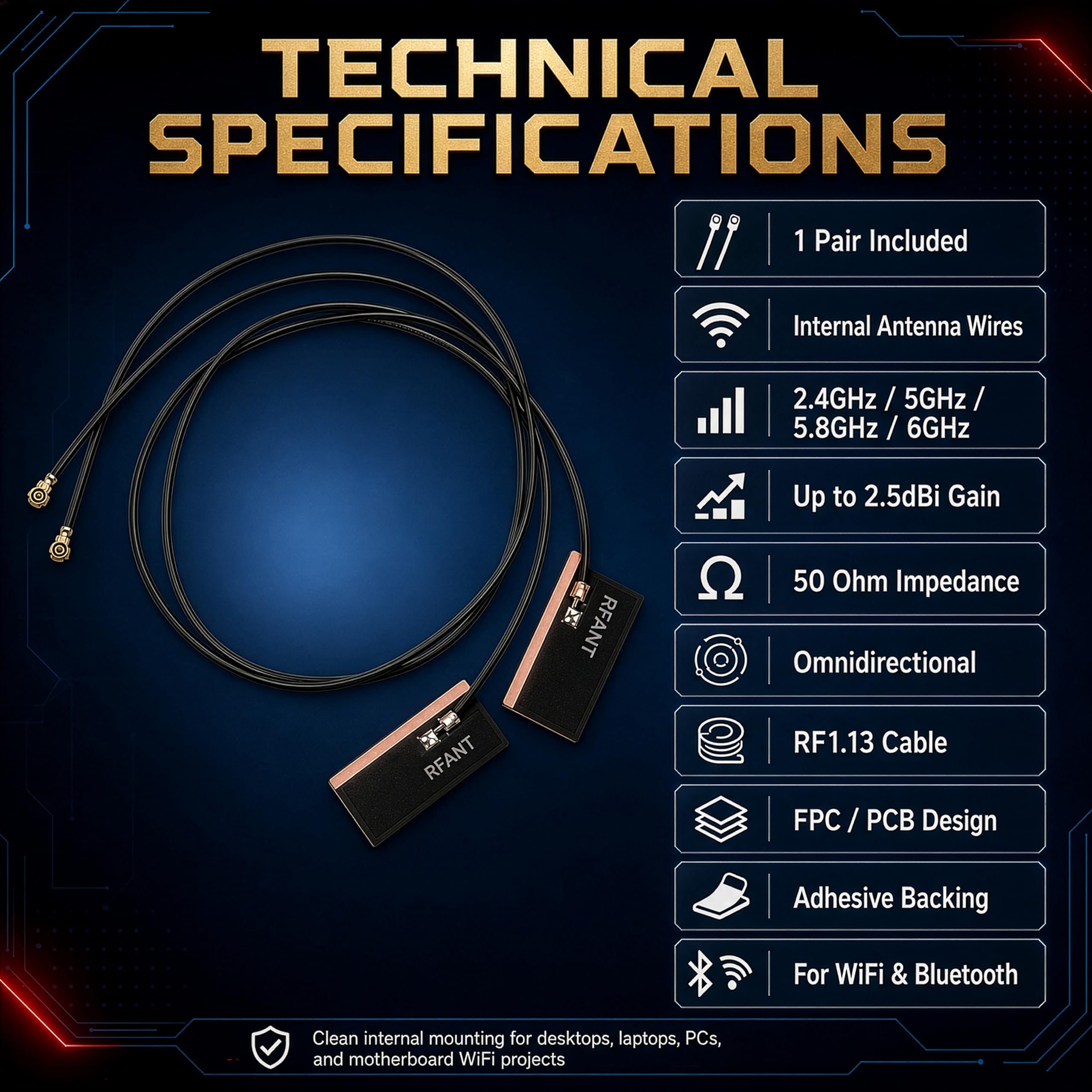 Antena WiFi para PC, portátil, Escritorio y Placa Base | 2.4 GHz/5 GHz/6 GHz | Conectores U.FL de 4ª generación (Compatible con MHF4) en Tarjetas Wi-Fi M2 | Paquete de 2 Unidades de 40 cm