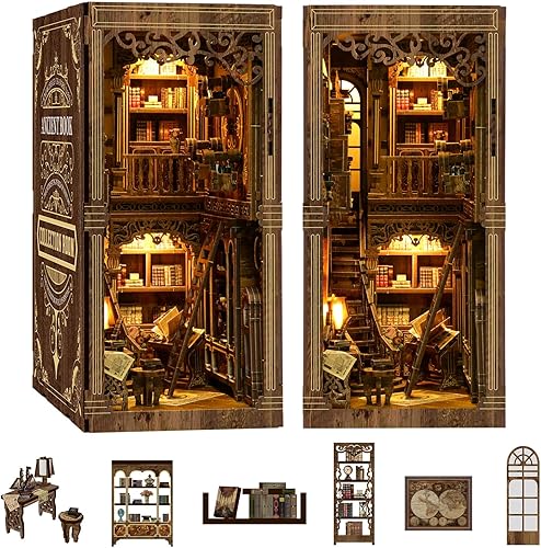Miniatura 5 de Kit de rincón de libros para adultos, modelo en miniatura, kit de construcción de casa de muñecas, rompecabezas de madera 3D con sensor de luz LED