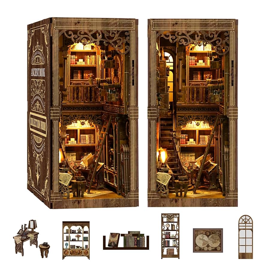 Book Nook 完成品　Ancient Book Amazon.com: DIY Book Nook Kits 3D Wooden Puzzle Bookshelf