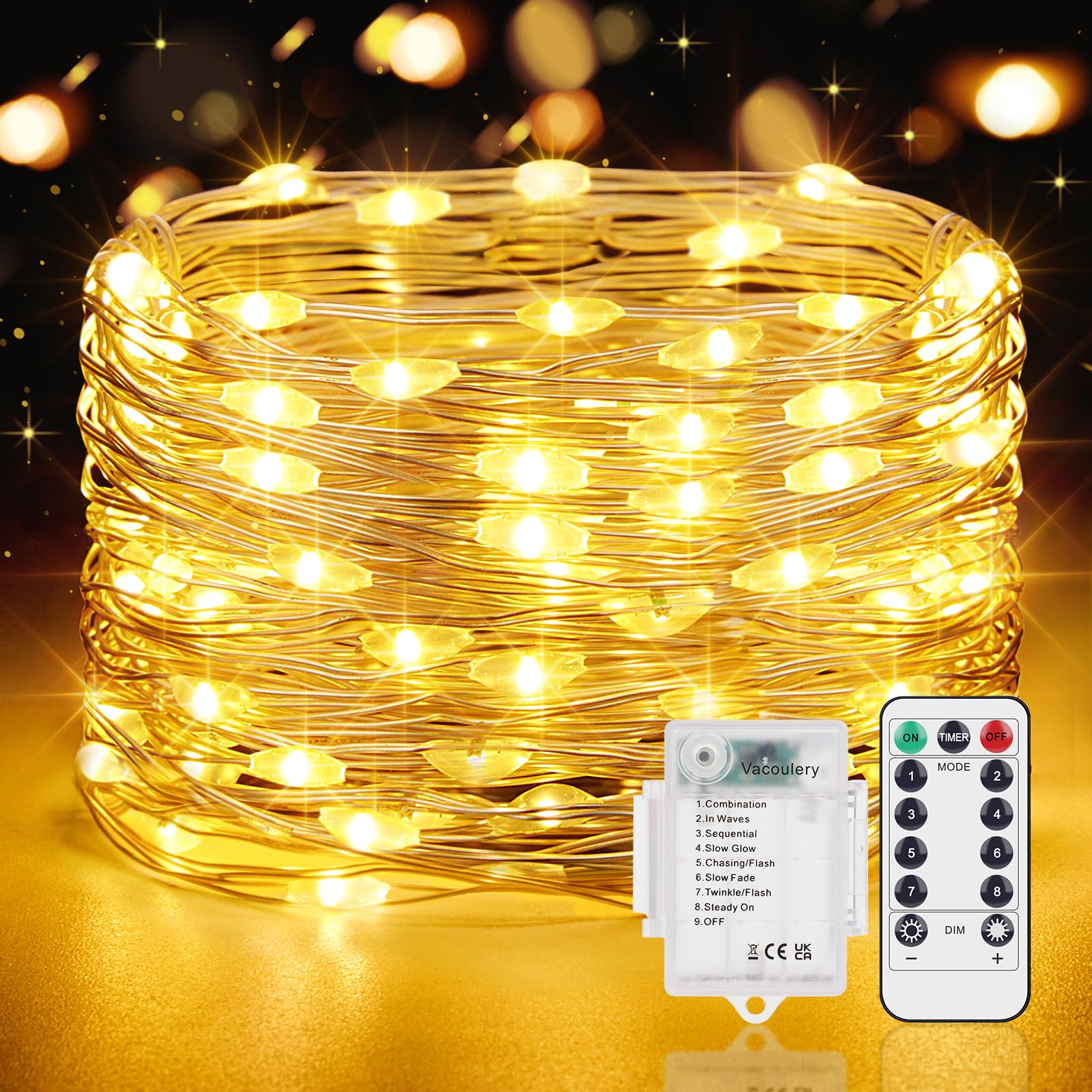 Vacoulery Lichterkette Batterie Timer, 12M 120 LED Lichterkette Batterie mit Timer und Fernbedienung, 8 Modi Lichterkette Innen Außen für Zimmer Terrass Party Hochzeit Dekoration Beleuchtung