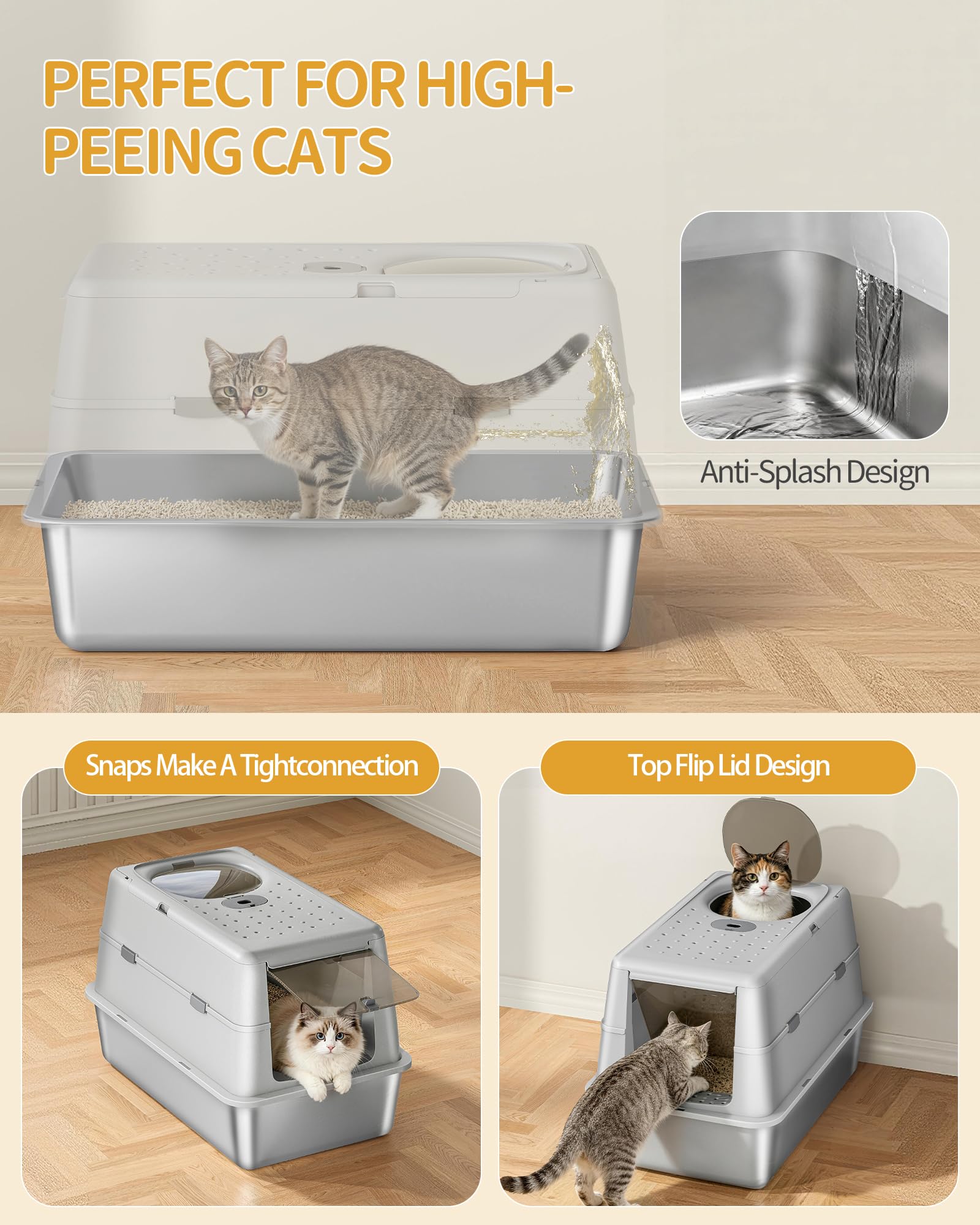 Hzuaneri Arenero de Acero Inoxidable XXL con Tapa, Arenero Cerrado para Gatos con Doble Puerta, 60x40x42 cm, Antiadherente, Fácil de Limpiar, con Pala y Gran Plataforma, Gris Claro ELB89899G