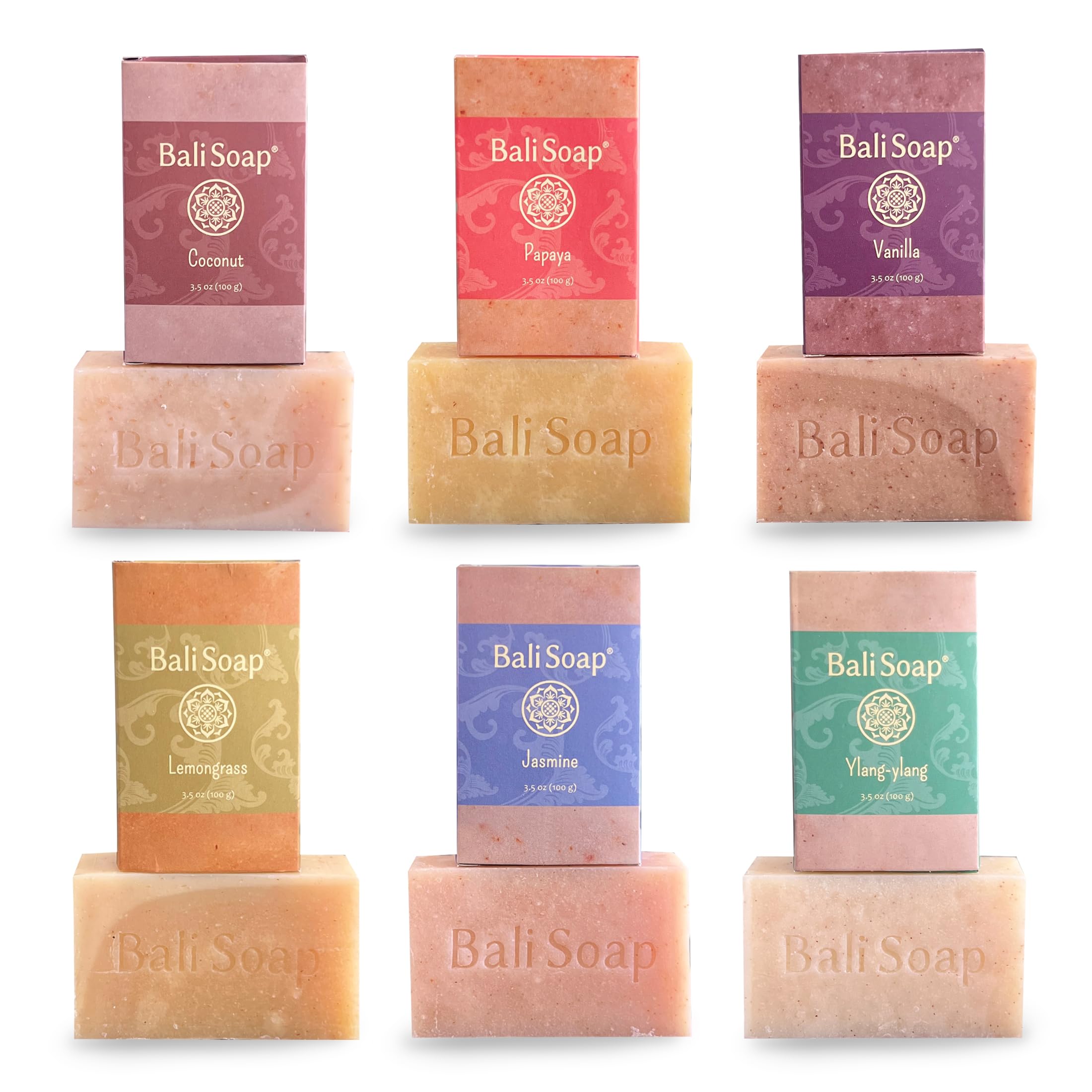 Bali Soap 6-Pack Natural Bar Soap – Cold Processed Vegan Body Soap for Men & Women with Plant Oils – Coconut, Papaya, Vanilla, Lemongrass, Jaasmin, Ylang ylang – Moisturizing, Gentle & Nourishing