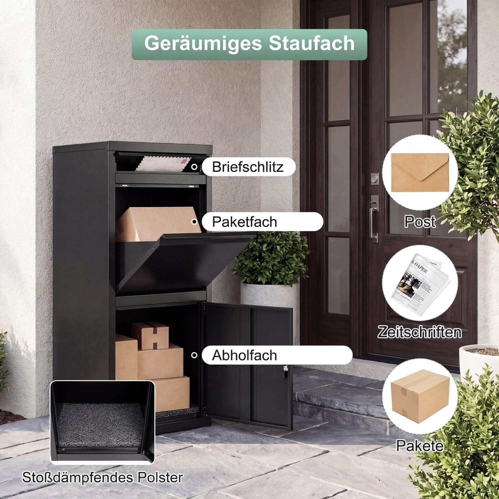 COSTWAY Paketbox, Paketbriefkasten mit Paketfach, Brief- und Paketabgabeschlitz, Postbox aus Metall für draußen, Paketkasten Standbriefkasten für Post, Zeitschriften, Pakete
