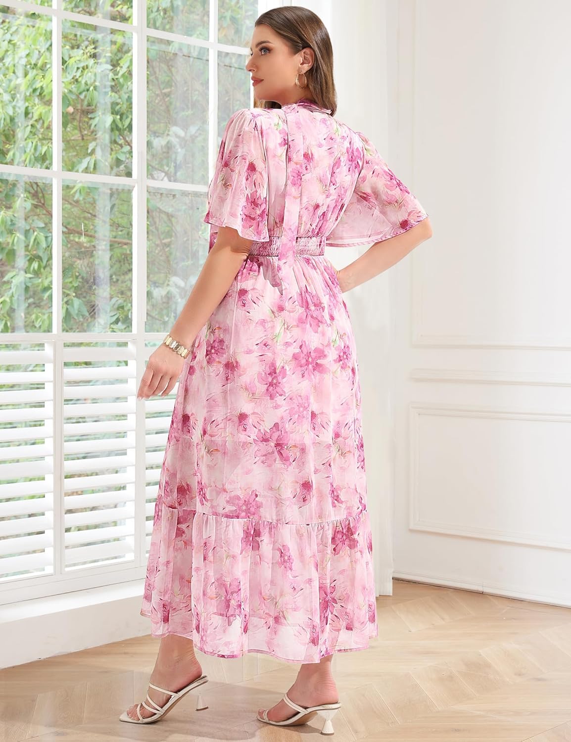 Plus Size Floral Maxi Dress Chiffon V Neck Flutter Sleeve Summer Wedding Guest Boho Long Dresses - Image 6