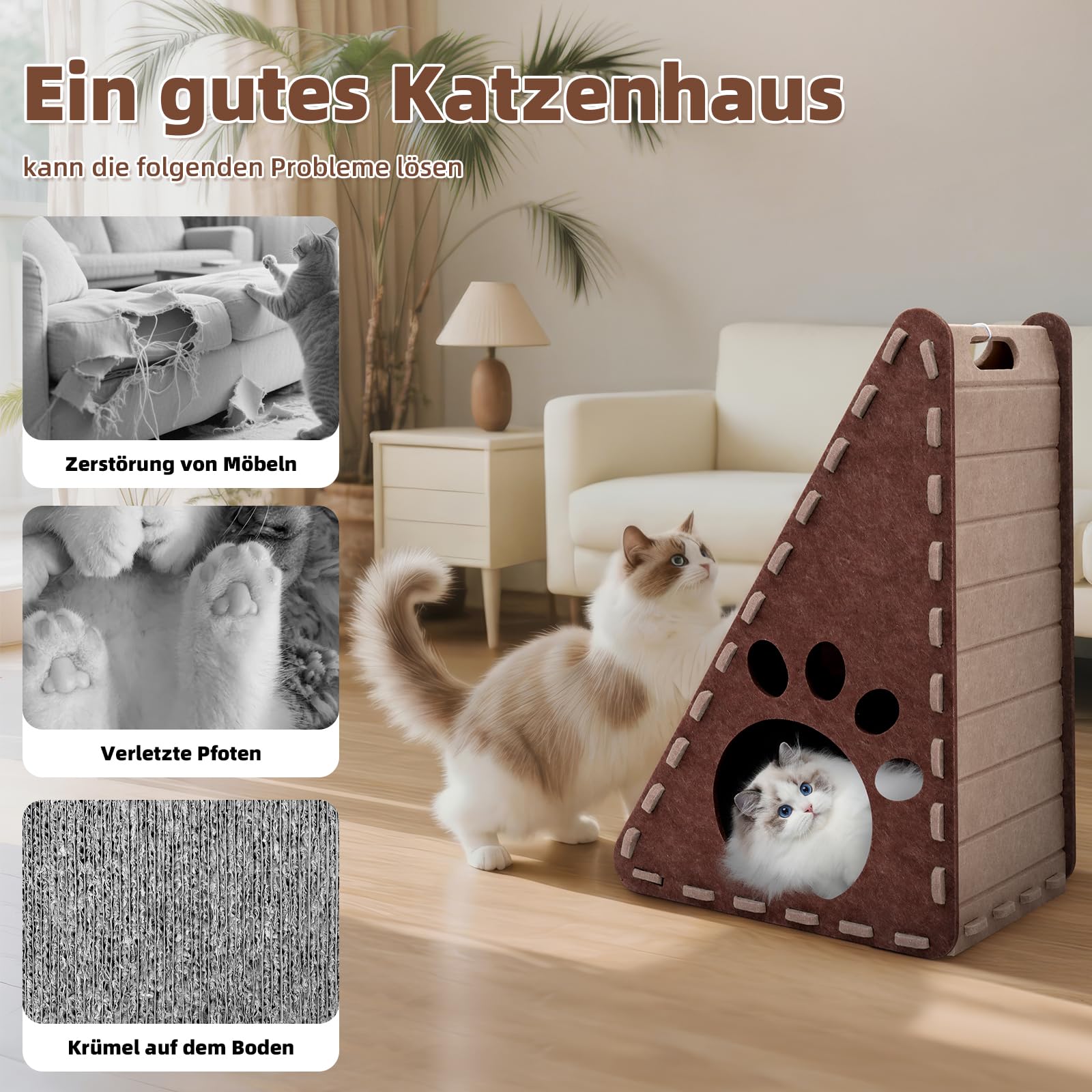 Mittimiya 3-in-1 Filz Kratzbrett Katze, 63 cm Hohe Dreieck kratzbretter Katze mit Ballspielzeug, für Katzen Kratzen Spielen Ausruhen(Braun)