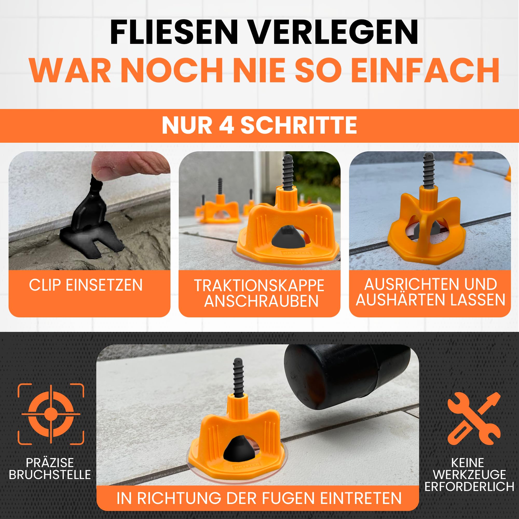 Nivelliersystem 3 mm – Starterpaket – 302 Stück – Fliesenverlegung | 100 Clips + 100 Scheiben + 100 Schutzvorrichtungen + Hammer + Wasserwaage gratis.
