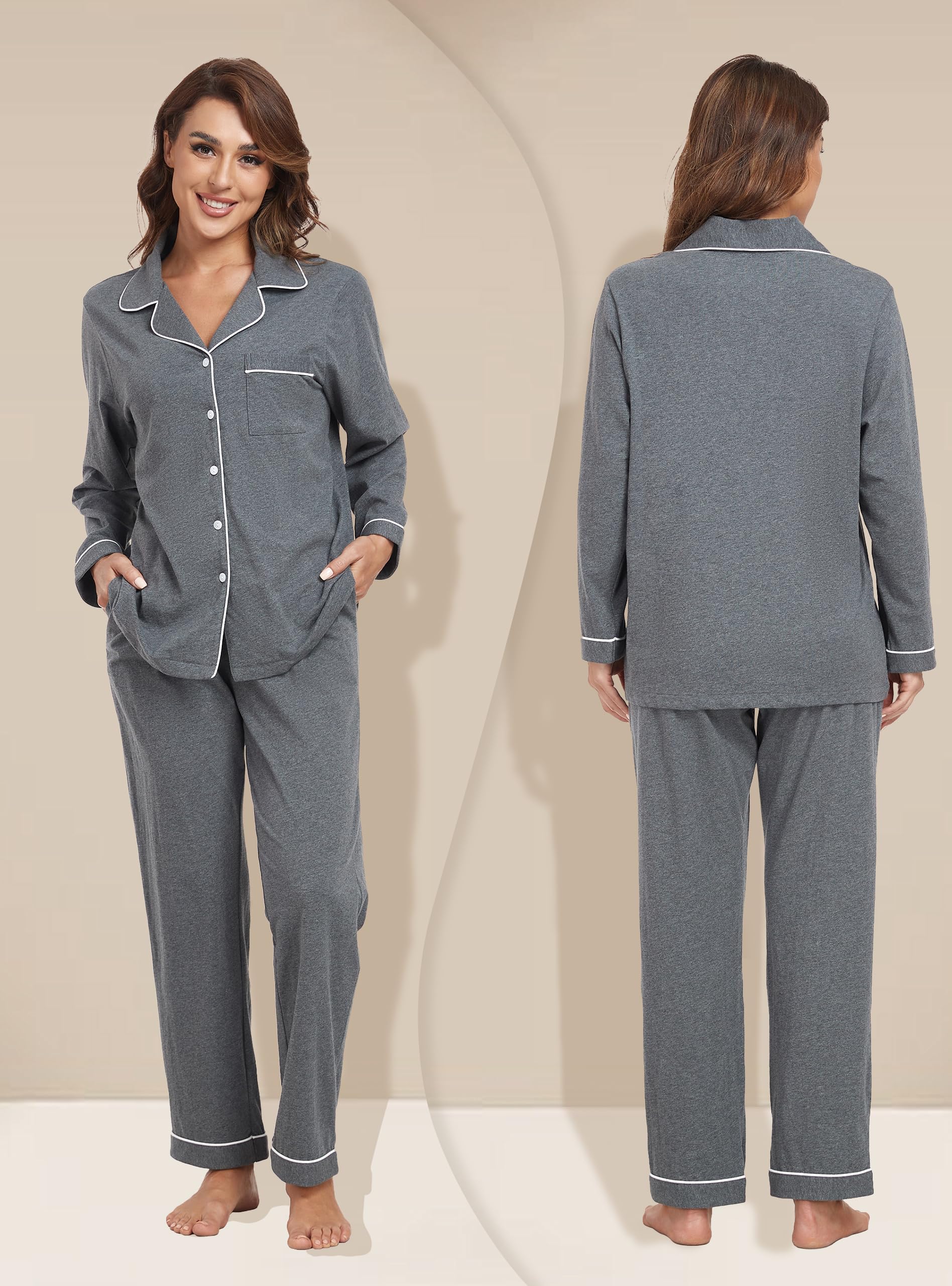 EA'S SECRET Schlafanzug Damen lang 100% Baumwolle Pyjama Sets mit Knopfleiste Langarm Zweiteiliger Nachtwäsche Hausanzug PJs