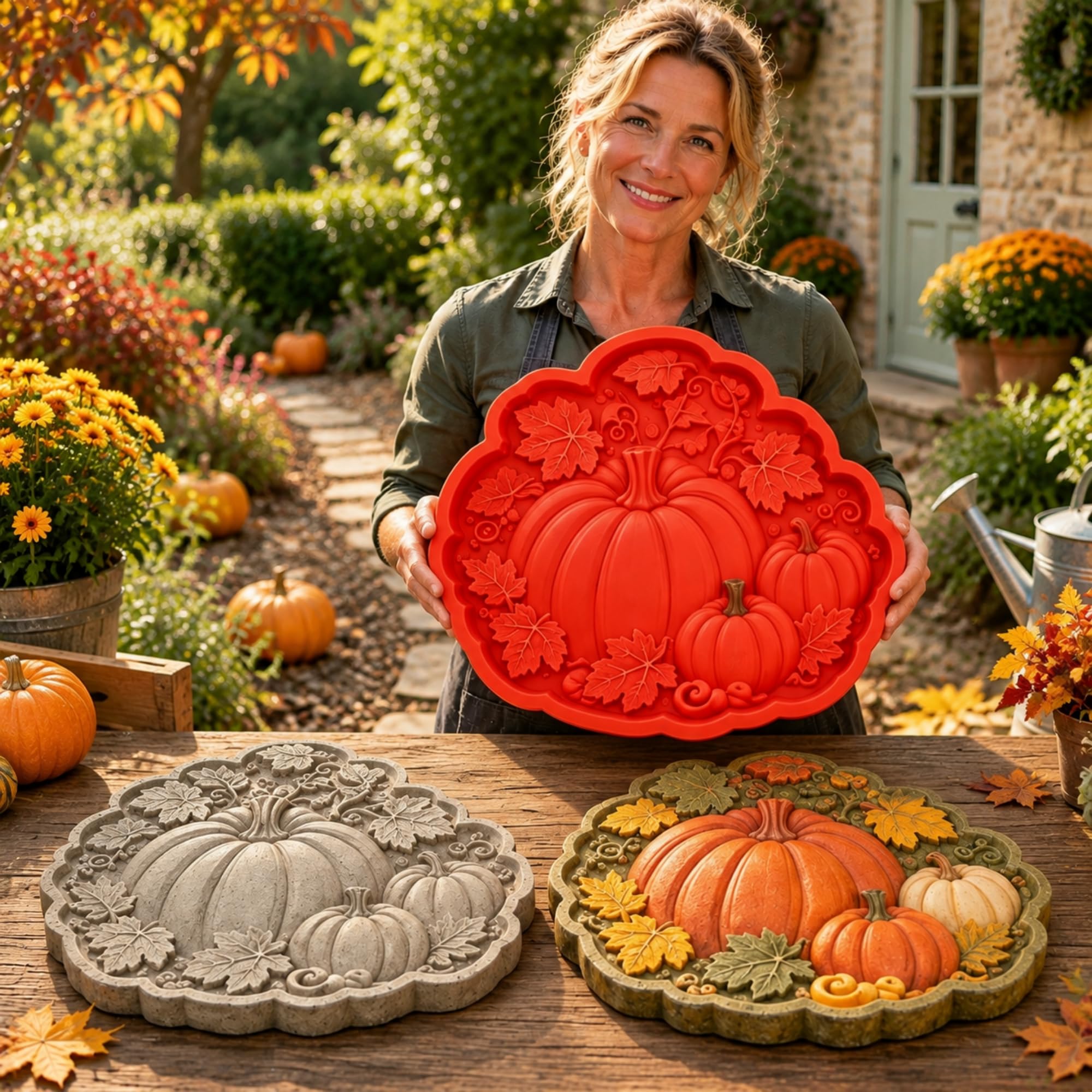 Reusable Garden Stepping Stone Mould, DIY Concrete Casting Mould, Garden Art Mold for Lawn, Paths and Outdoor Decoration，Pumpkin