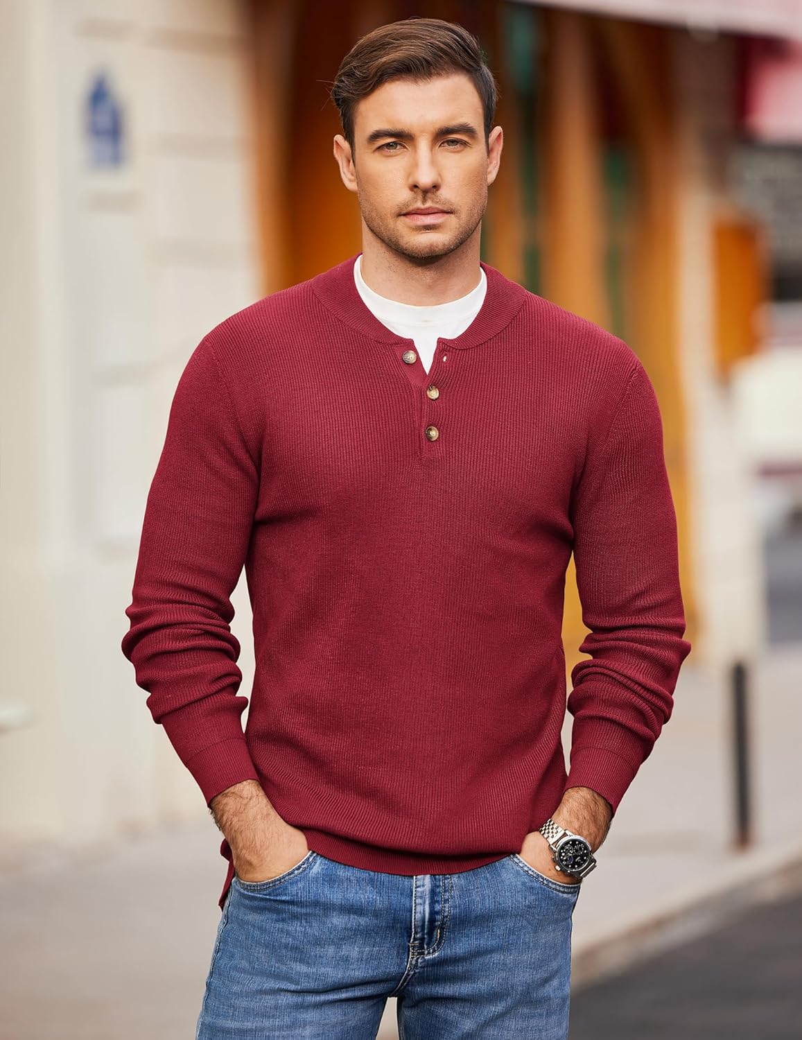 COOFANDY Men Henley Knit Sweater Dress Long Sleeve Button Pullover Sweater Casual Sweater Lightweight Slim Fit Tops - Image 2