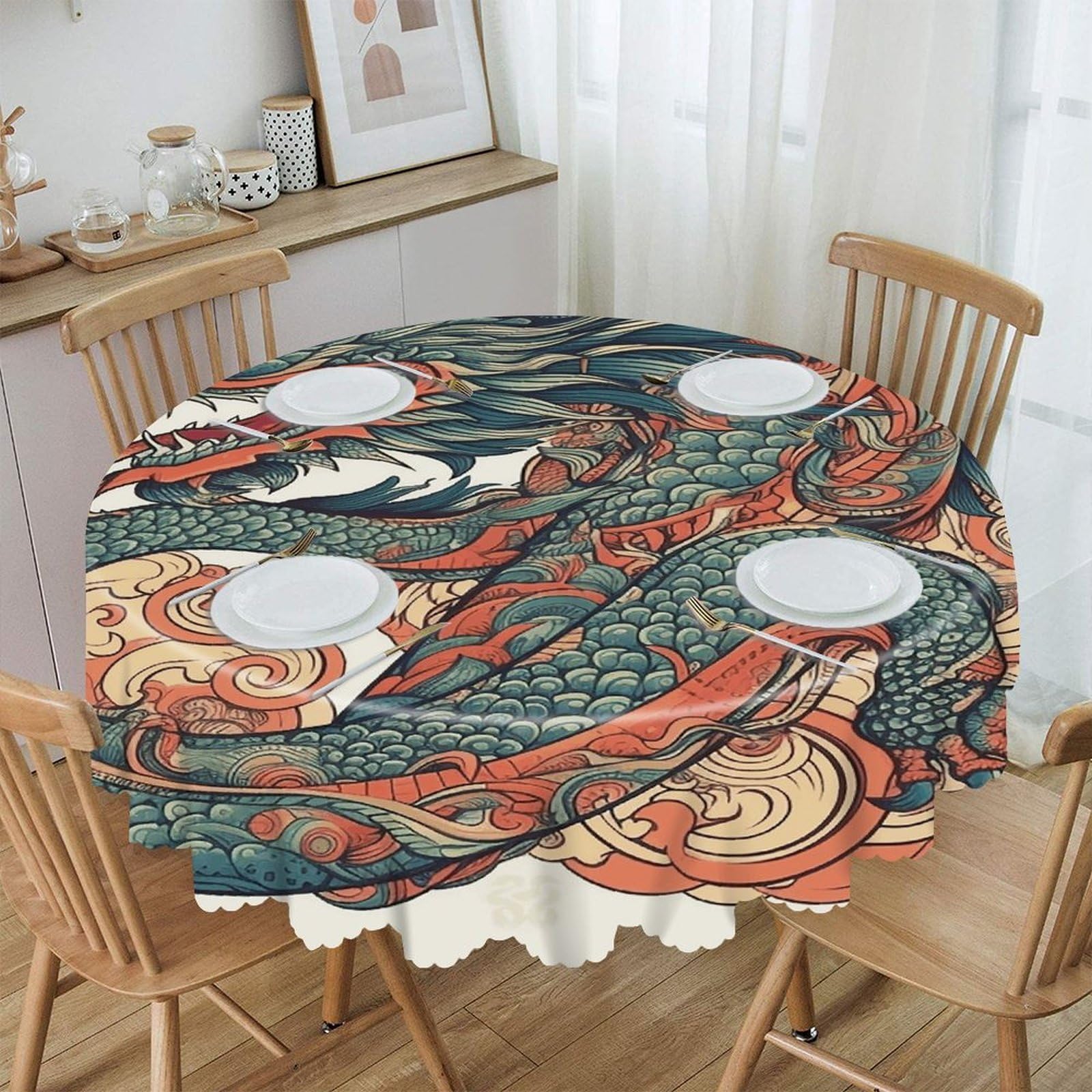 LZQPOEAS Red and Cyan Dragon Round Tablecloth Rustic Circle Table Cloth Wrinkle Resistant Decor Tablecloth Waterproof Washable Table Cover for Kitchen Party Dining Table 60 Inch