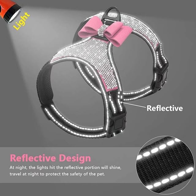 Foto 3 de 7 de Beirui Arnés para perro con diamantes de imitación con pajarita brillante, rosa, L, pecho de 21 a 29 pulgadas