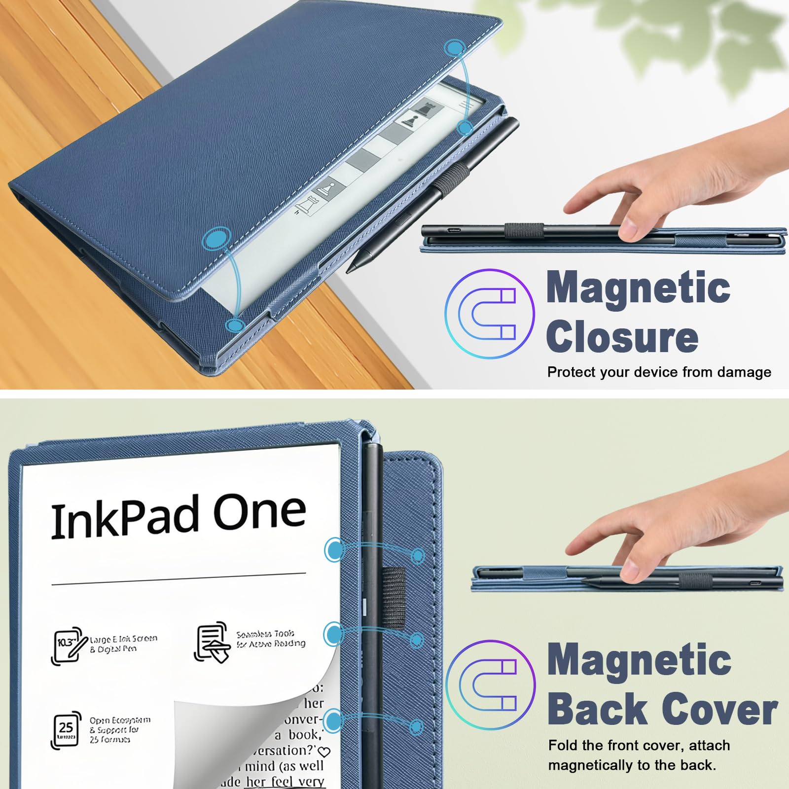 Caweet Etui do Pocketbook InkPad One 10,3 cala (model 2026), wysokiej jakości etui ze skóry PU ze składanym stojakiem, przegródką na karty i paskiem na rękę, niebieskie