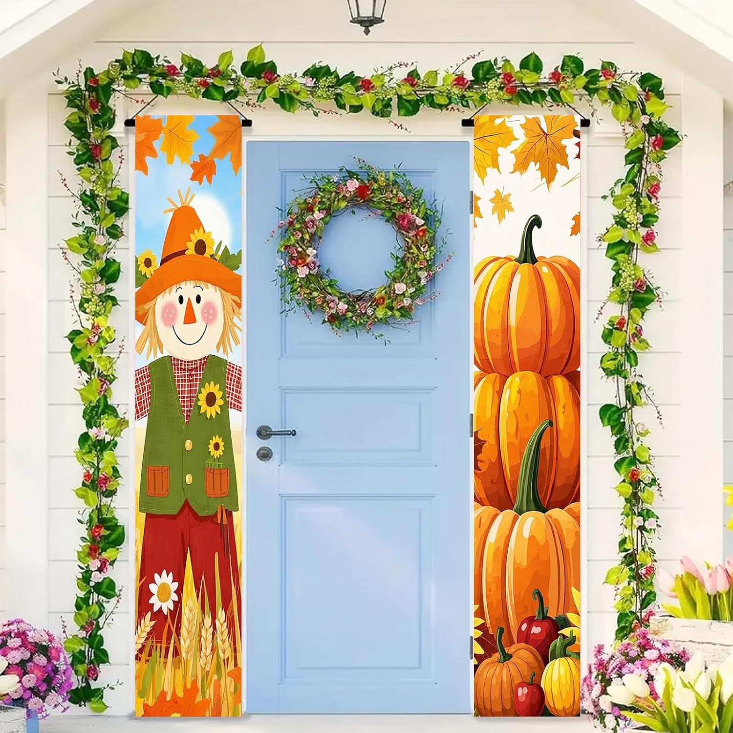 BlissYard Fall Scarecrow Porch Banner 12x71 Inch