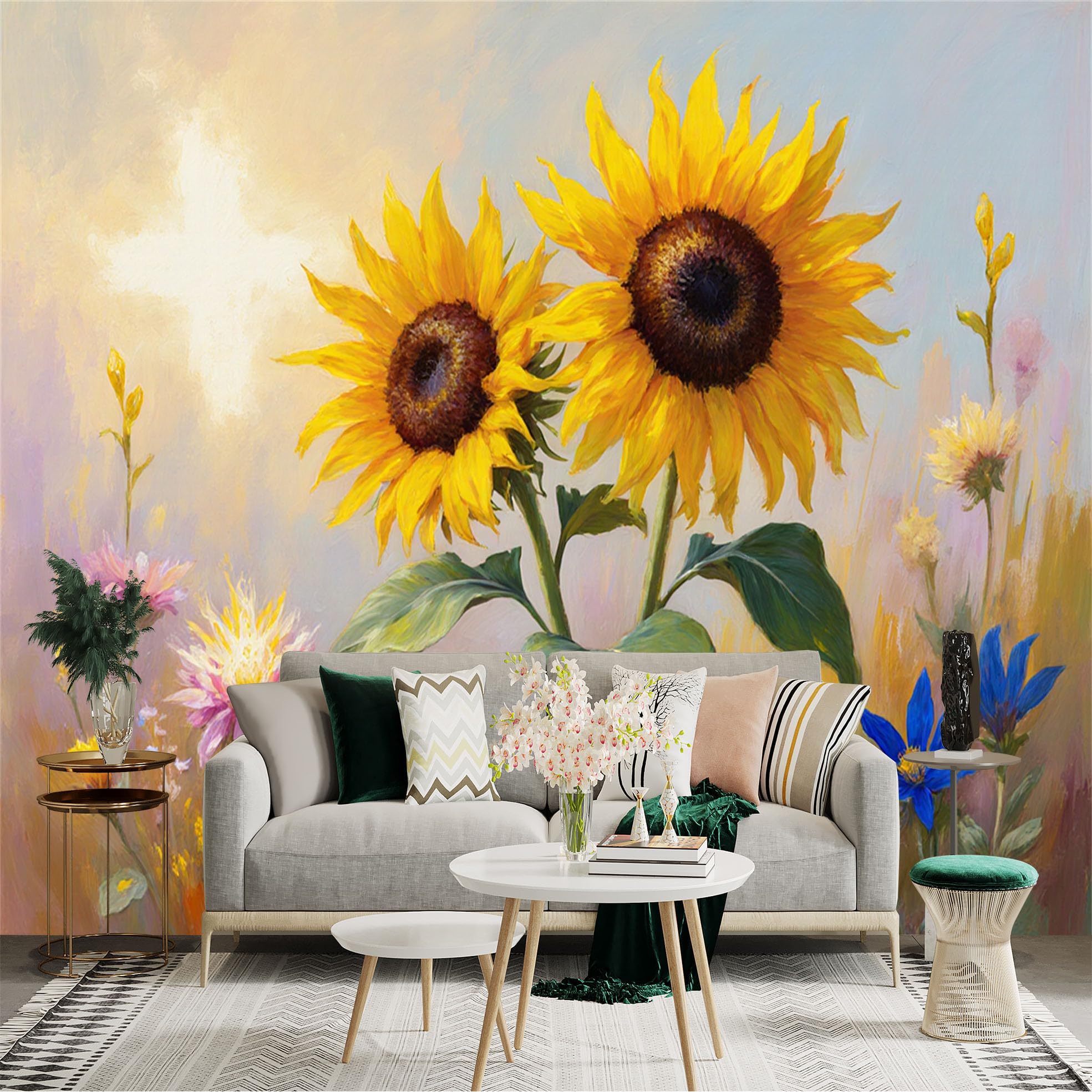 Custom Size Wall Sticker Mural， Impressionist Oil Painting of Golden Sunflowers， Blooming Wildflowers in Soft Sunlight， for wall Decoration， peelandstick wall Decals.