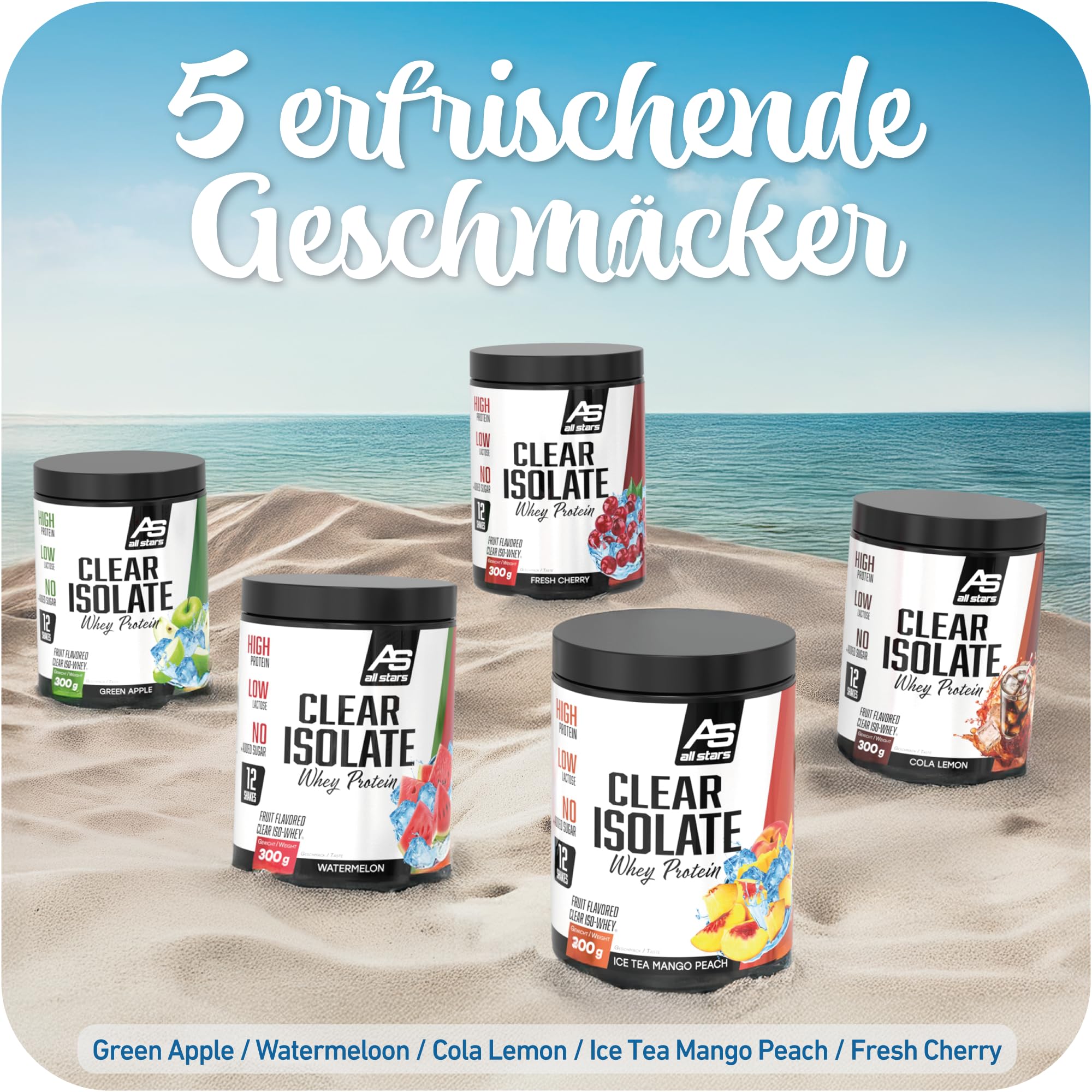 All Stars Clear Isolate Whey Protein Ice Tea Mango Peach Eistee I 300g Eiweiß-Pulver mit reinem Isolat I 20g Eiweiss pro 24g Protein-Shake I Protein-Pulver mit wenig Fett, Laktose, Kalorien & Zucker