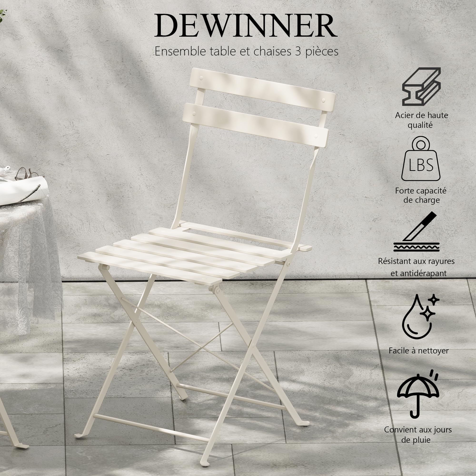 DEWINNER Ensemble De Table Et Chaises De Jardin, Salon De Jardin Extérieur 3 Pièces, Table Ronde avec 2 Chaises Pliantes, Pliable, Blanc, Nappe Imperméable Incluse, pour Balcon, Terrasse, Cour