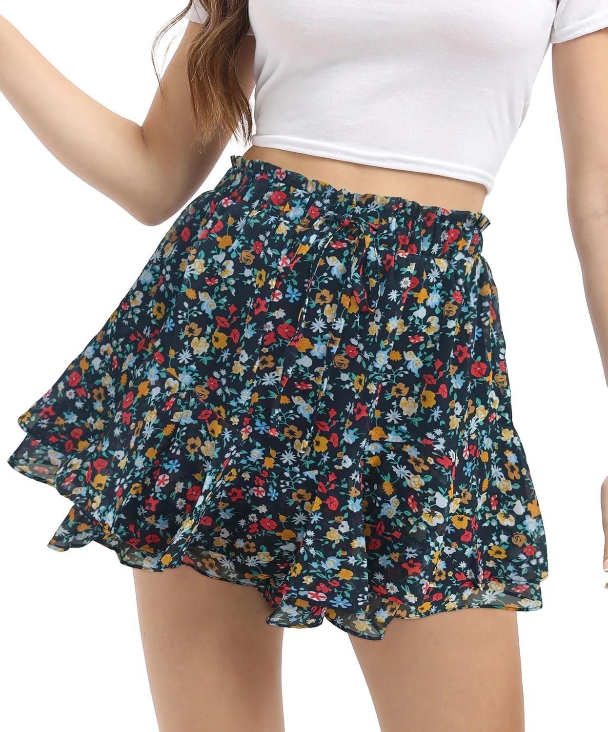 Korte zomerrok voor dames, boho rok, minirok, bloemen, zomerrok, schattige minirok met ruches en bloemenpatroon, hoge taille, swingende strandrok, 02 beige, L