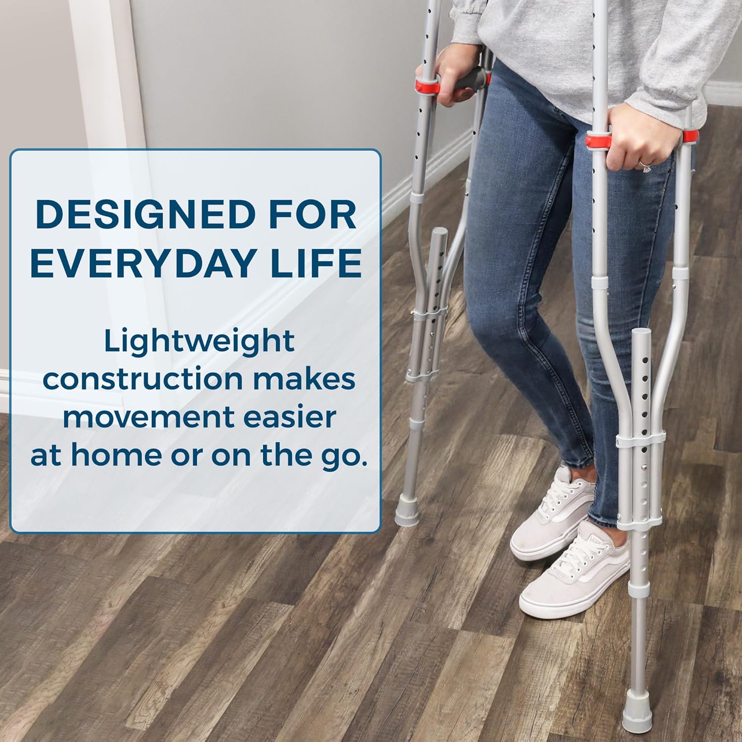 DMI Universal Aluminum Crutches - Adjustable Underarm Walking Aid for Adults, Shorter to Tall (4'6"-6'6"), Push-Button Height Adjustment, 300 lbs Capacity, Slip-Resistant Tips, 1 Pair