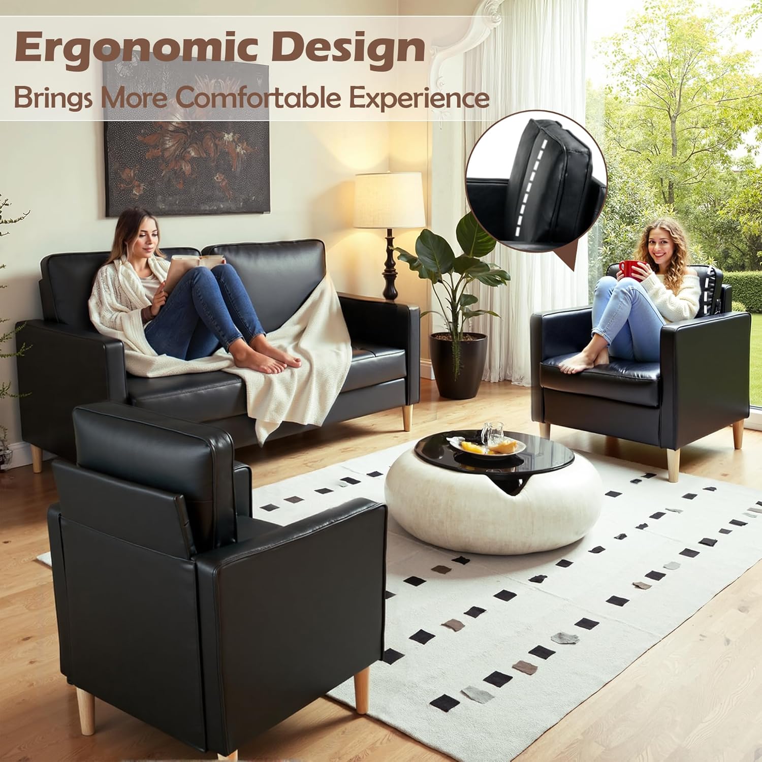 AILEEKISS Mid-Century Sectional Sofa Couch Set Faux Leather Office 3 Pcs Couch Set with Armrest Modern Upholstered Loveseat Couches for Livingroom (1-Seater+1-Seater+2-Seater, Black)