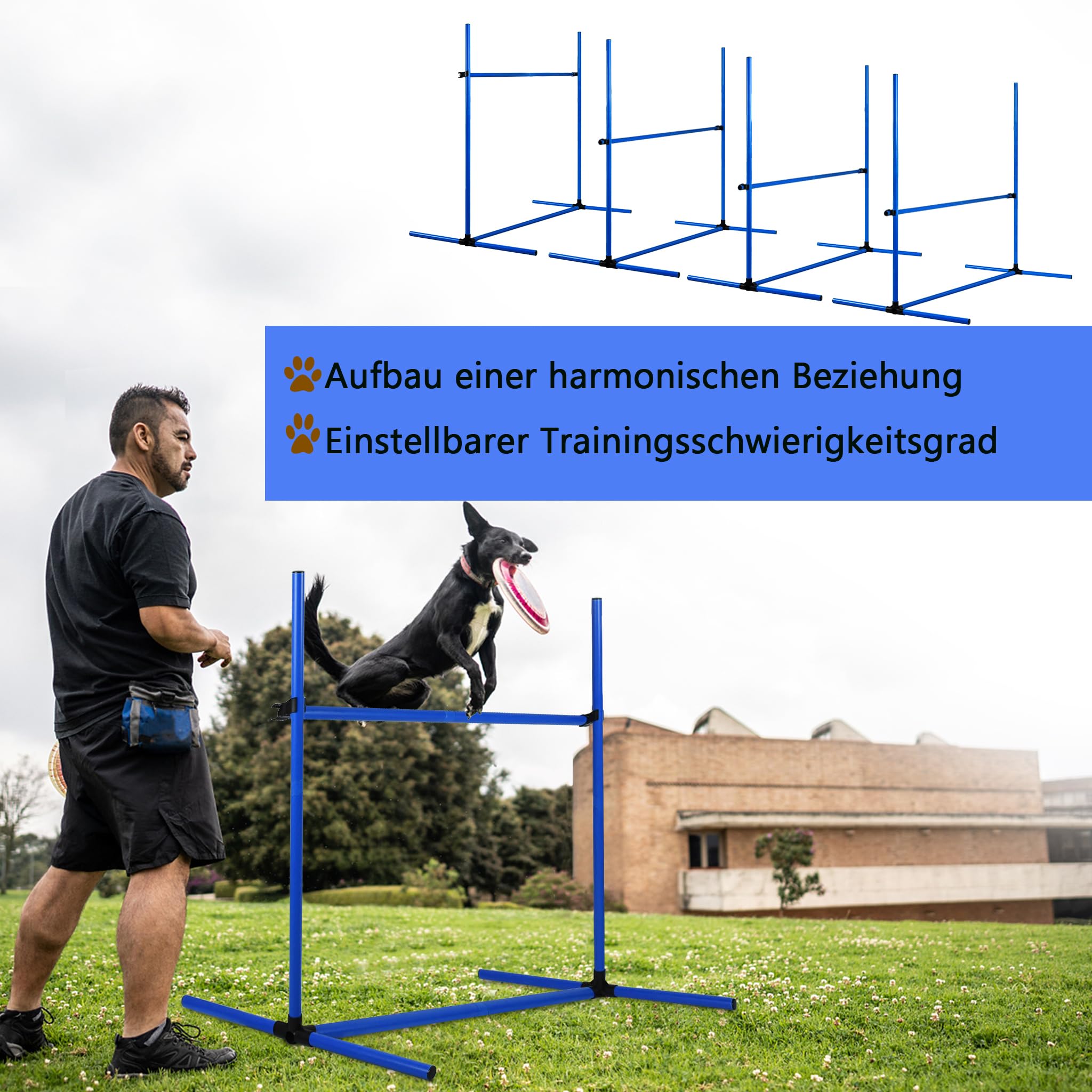 TRMLBE Agility Set Hunde Slalom Stangen Agility Hürden Hobby Horse Hindernisse Höhenverstellbar Kunststoff Blau für Hunde Training Hundesport mit Transporttasche, 104x70x101cm - 4 Stück