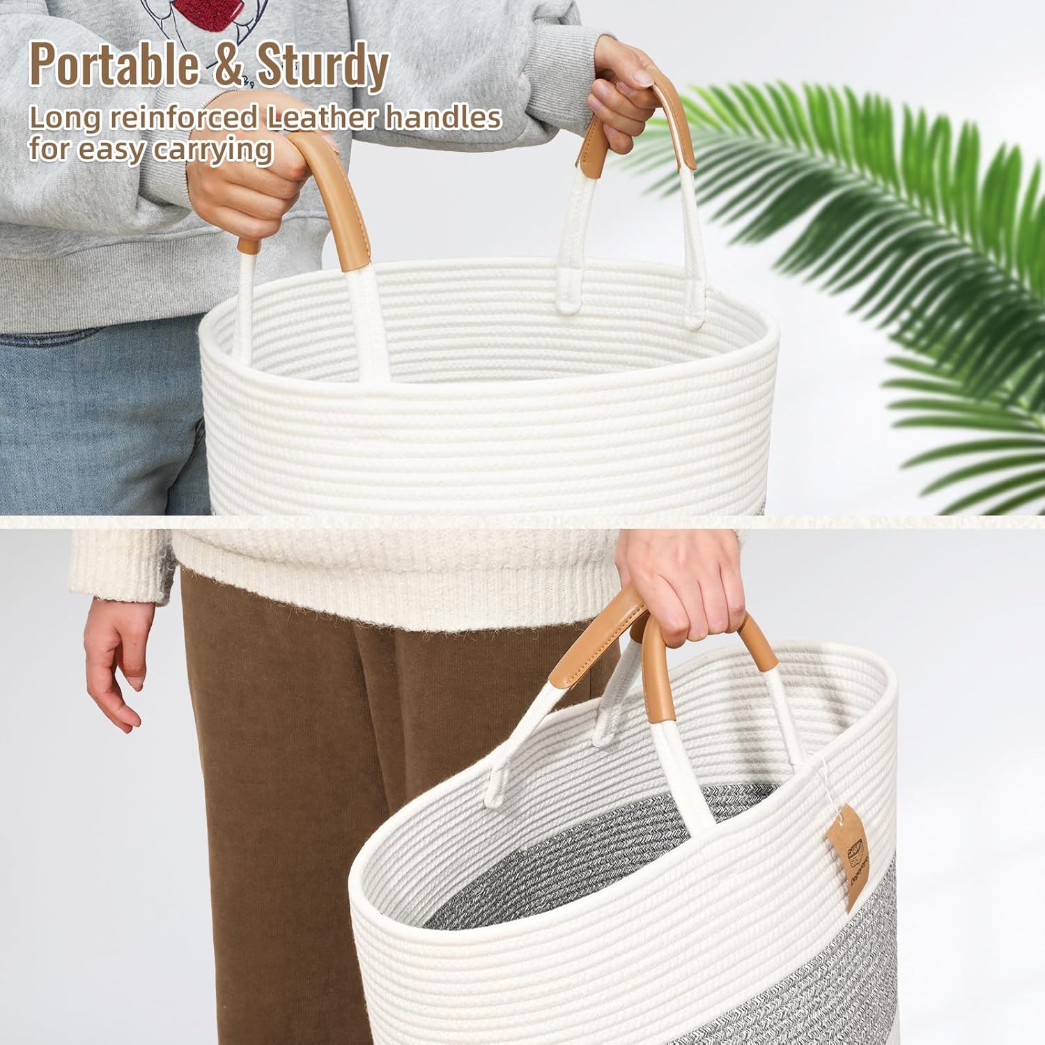 60L Striped Laundry Basket, Grey Laundry Hamper with Leather Handles, Woven Cotton Rope Storage Bin for Blankets, Nursery Hamper for Clothes, Toys In Bathroom, Livingroom, Bedroom