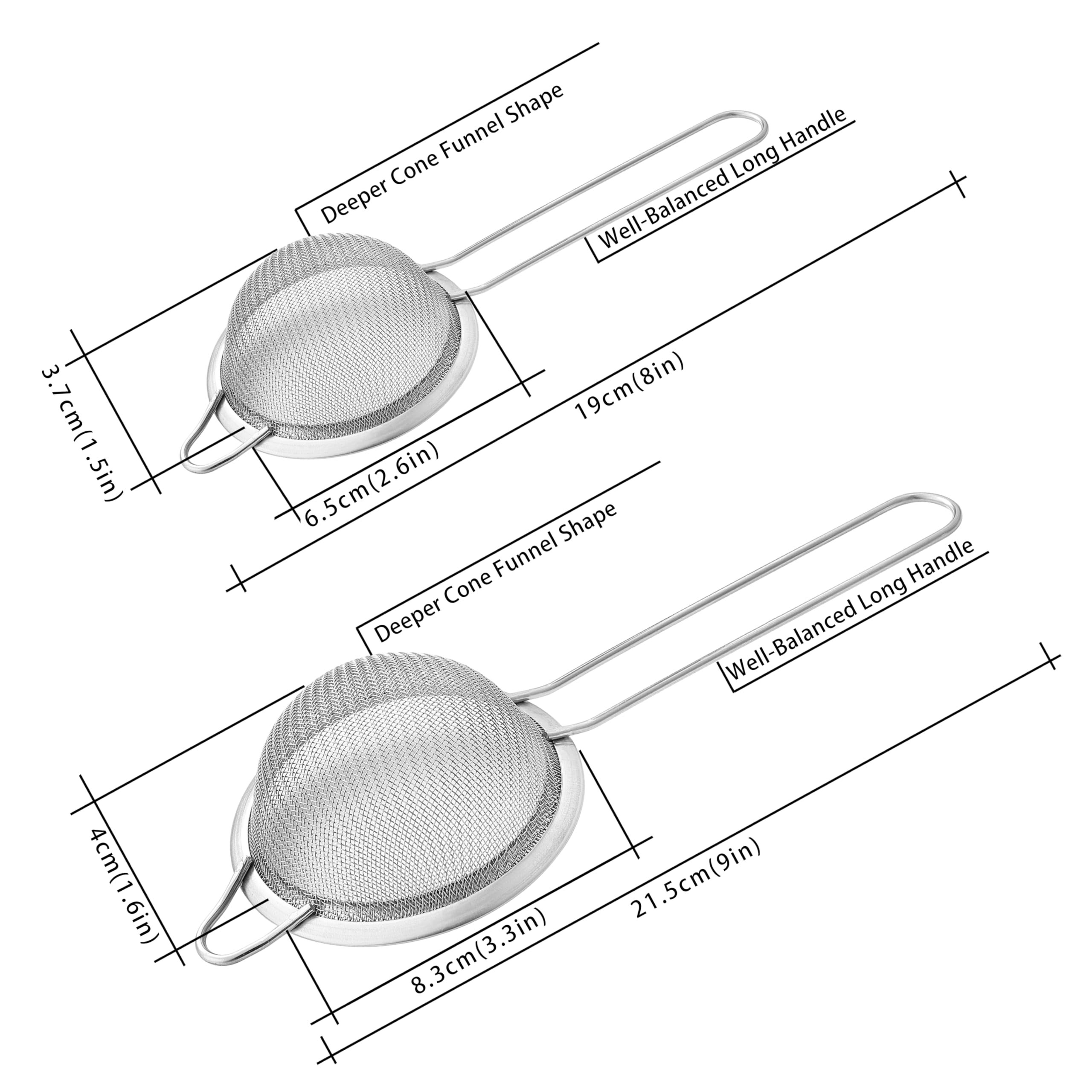 2 Pack Fine Mesh Strainers, Mini Stainless Steel Strainer with Handle for Kitchen, Metal Sieve Sifters for Straining Tea, Matcha, Cocktail, Juice and Coffee (8.6in 7.5in)