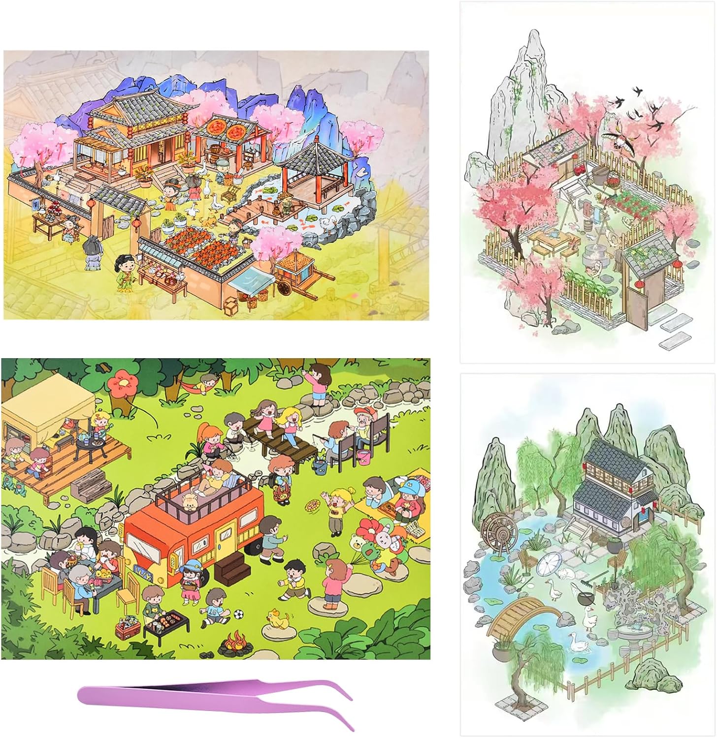 4 Sets Vintage 3D Sticker Scene 3D House Stickers with Tweezers Vintage Mountain Courtyard Natural Scenes Make Your Own House Miniature Scene Stickers