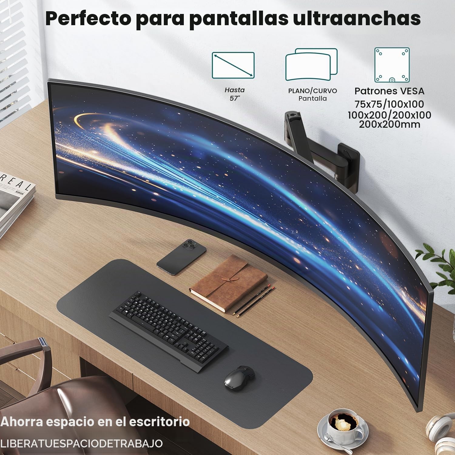 Soporte Monitor Pared para Monitor de 17 a 57 Pulgadas – Brazo con Resorte de Gas en Altura, Inclinable y Giratorio,Load 2-20KG VESA 75/100/200
