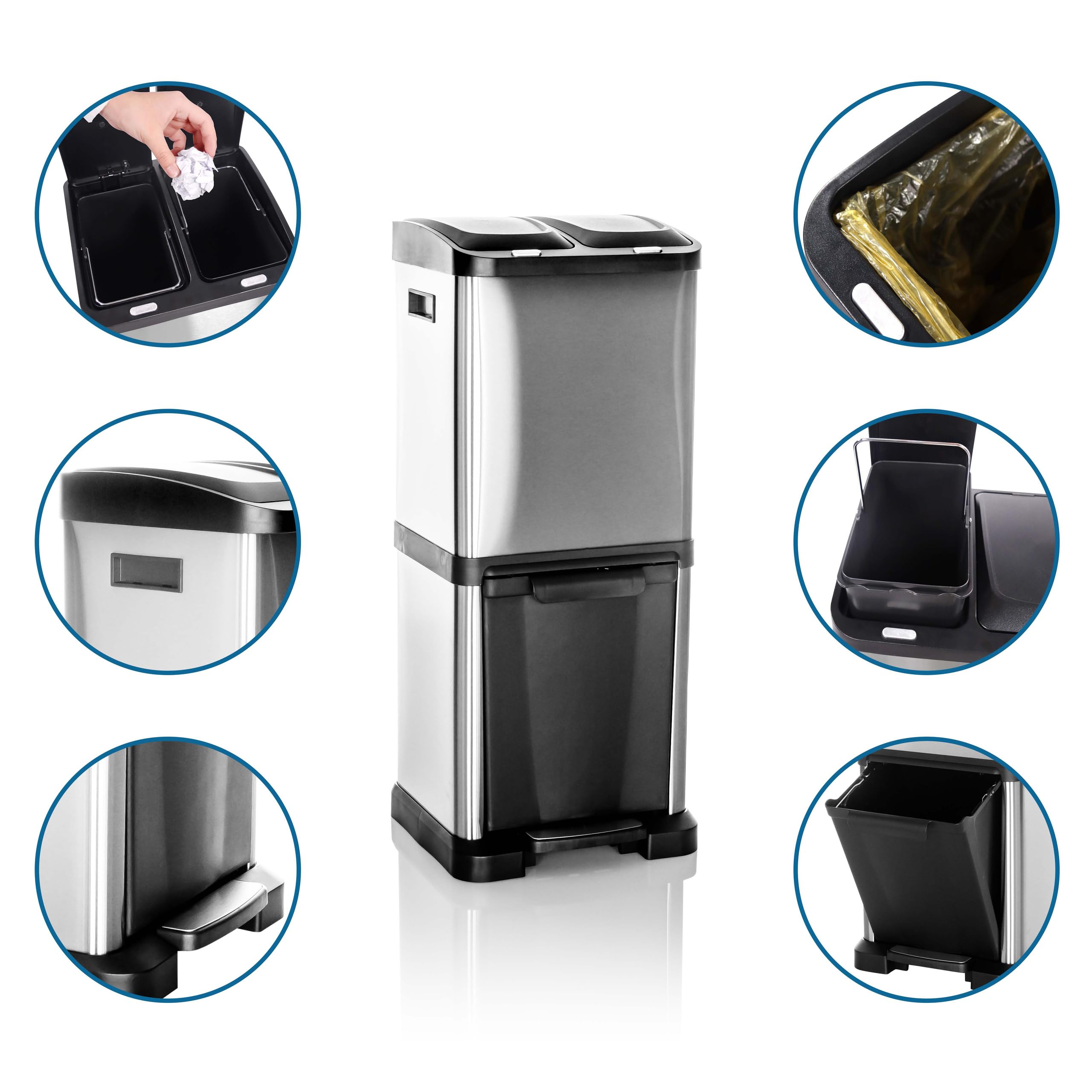 hjh OFFICE Cubo de basura CLEAN VII de acero, sistema de separación de residuos con 3 compartimentos (2 x 8L + 1 x 16L), uso universal, plata, 741100