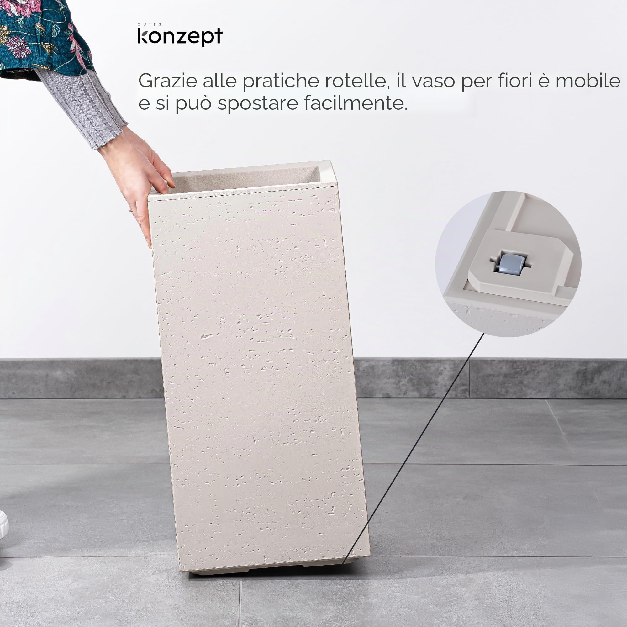 KONZEPT Vaso per piante grande alto in stile cemento con ruote e drenaggio, 28,6 x 28,6 x 59,4 cm – per interni ed esterni, Beige