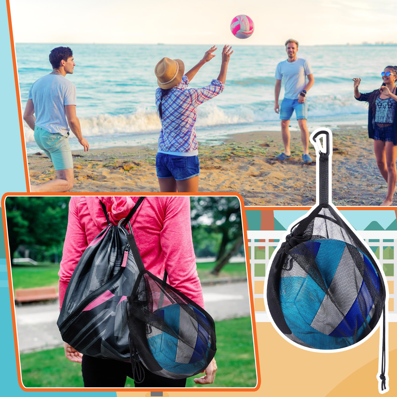 Dansydaisy Netz-Balltaschen für Basketball, Volleyball, Fußball, Einzel-Aufbewahrungstasche mit Reißverschlussfach, Kordelzug, Sling-Rückentasche, D-Ringe zum Tragen des Balls