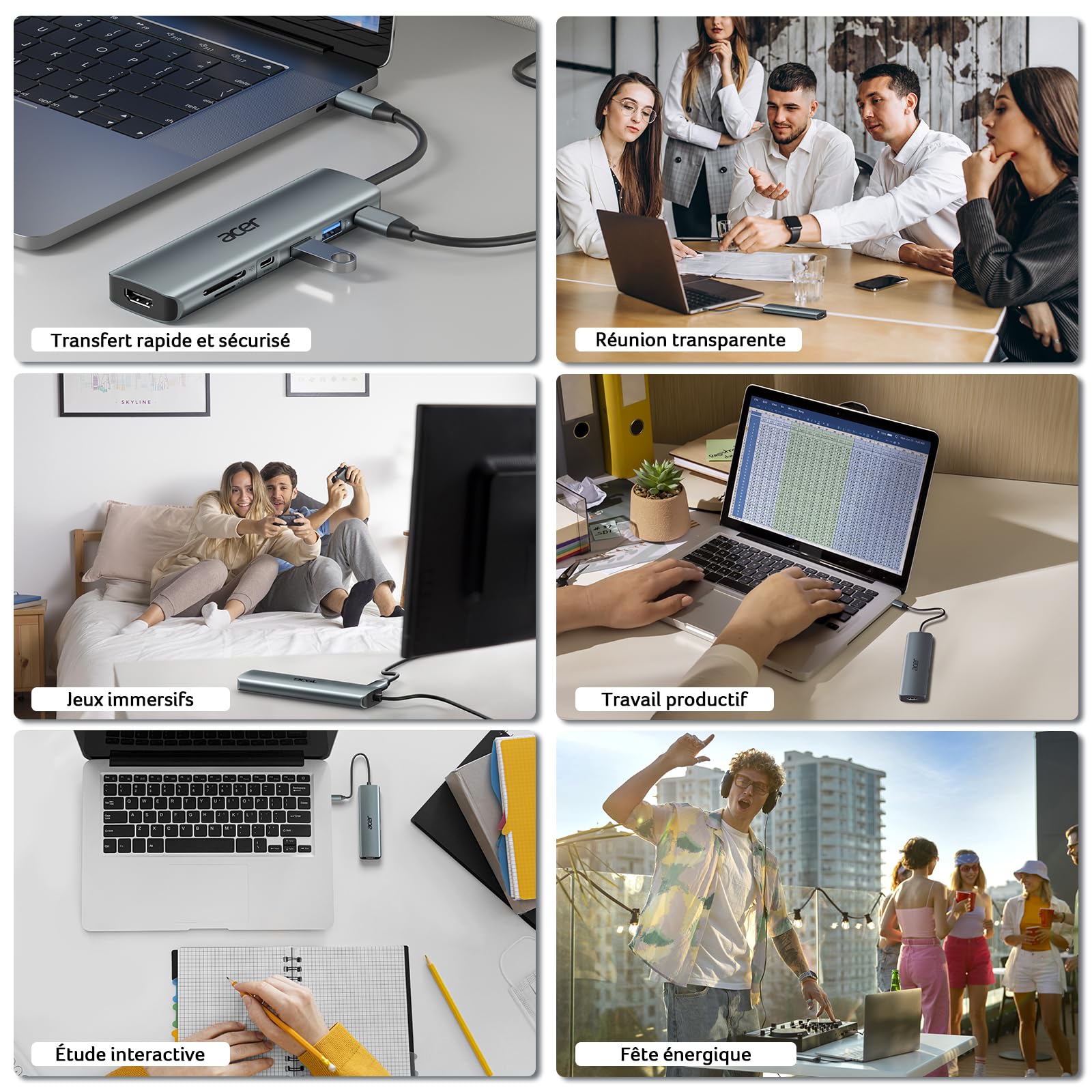 Acer Adaptateur USB C vers HDMI 4K PD 100W Lecteur de Carte SD TF 2 USB 3.0 USB C 5Gbps
